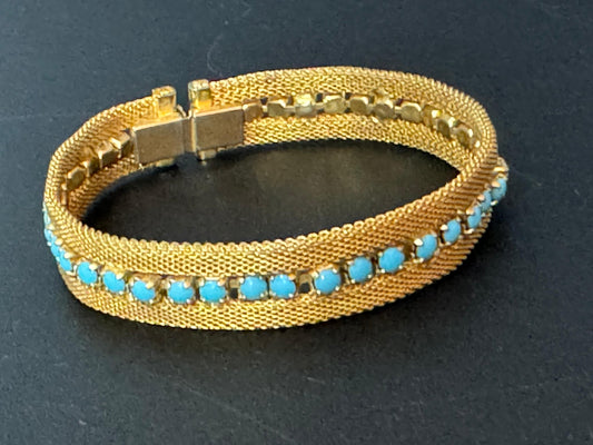 Vintage articulated flat link mesh gold bracelet with turquoise blue paste