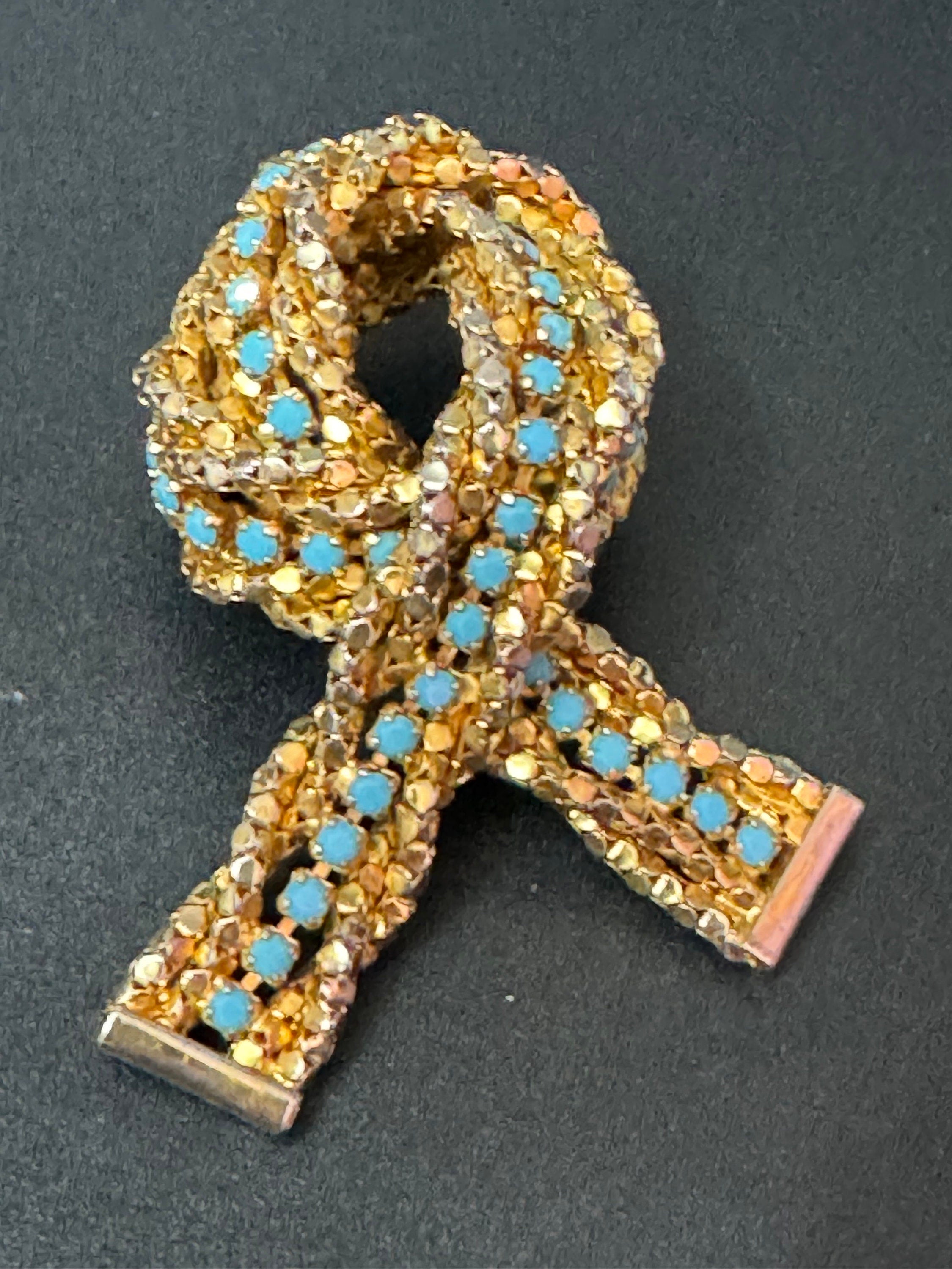 Oversized 7cm vintage modernist gold tone turquoise beaded mesh knot brooch 1960s 1970s