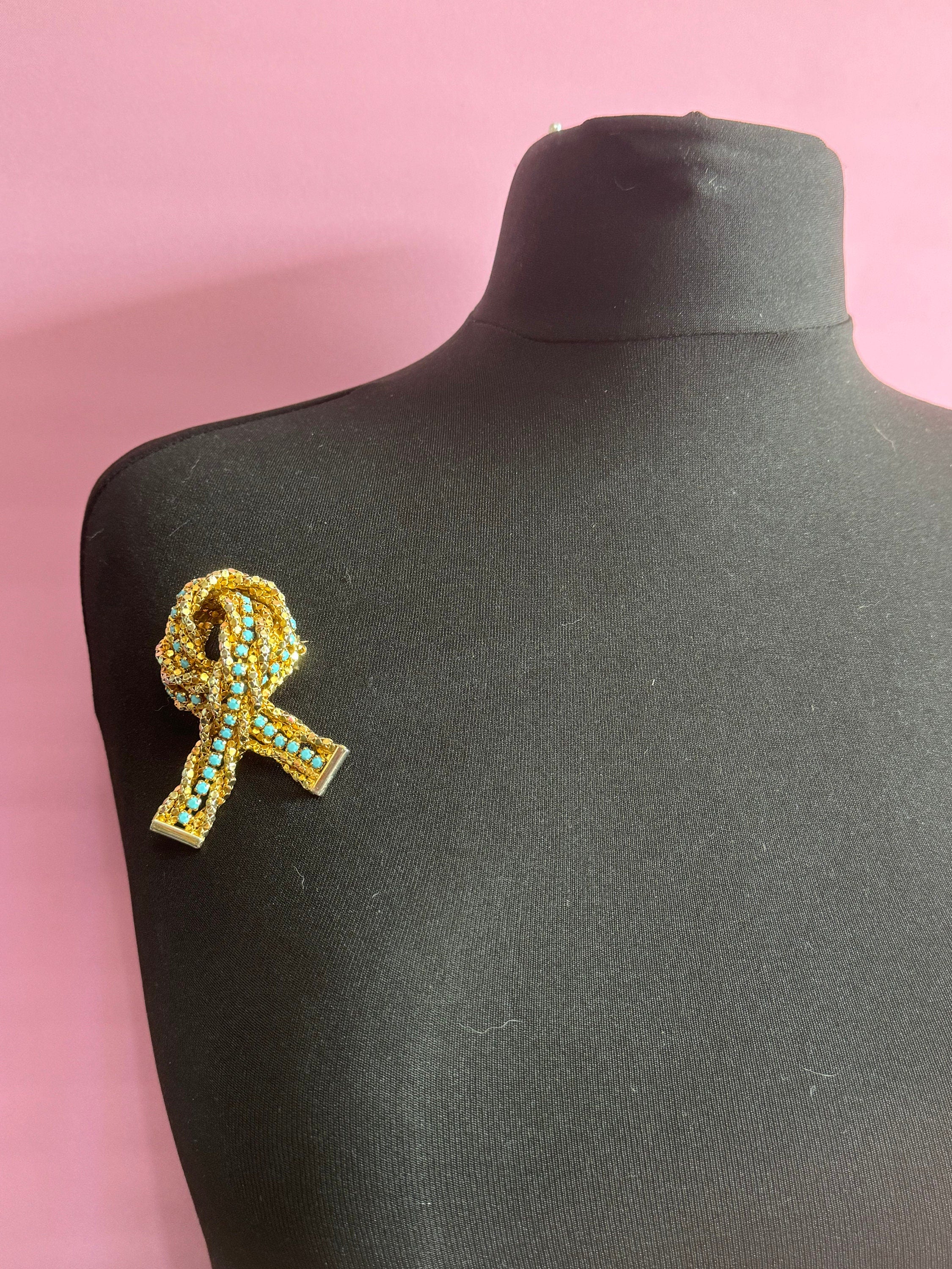 Oversized 7cm vintage modernist gold tone turquoise beaded mesh knot brooch 1960s 1970s