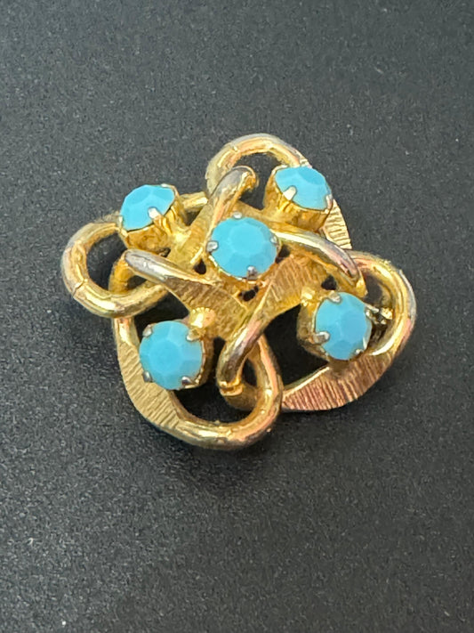 vintage gold tone domed turquoise bead round brooch