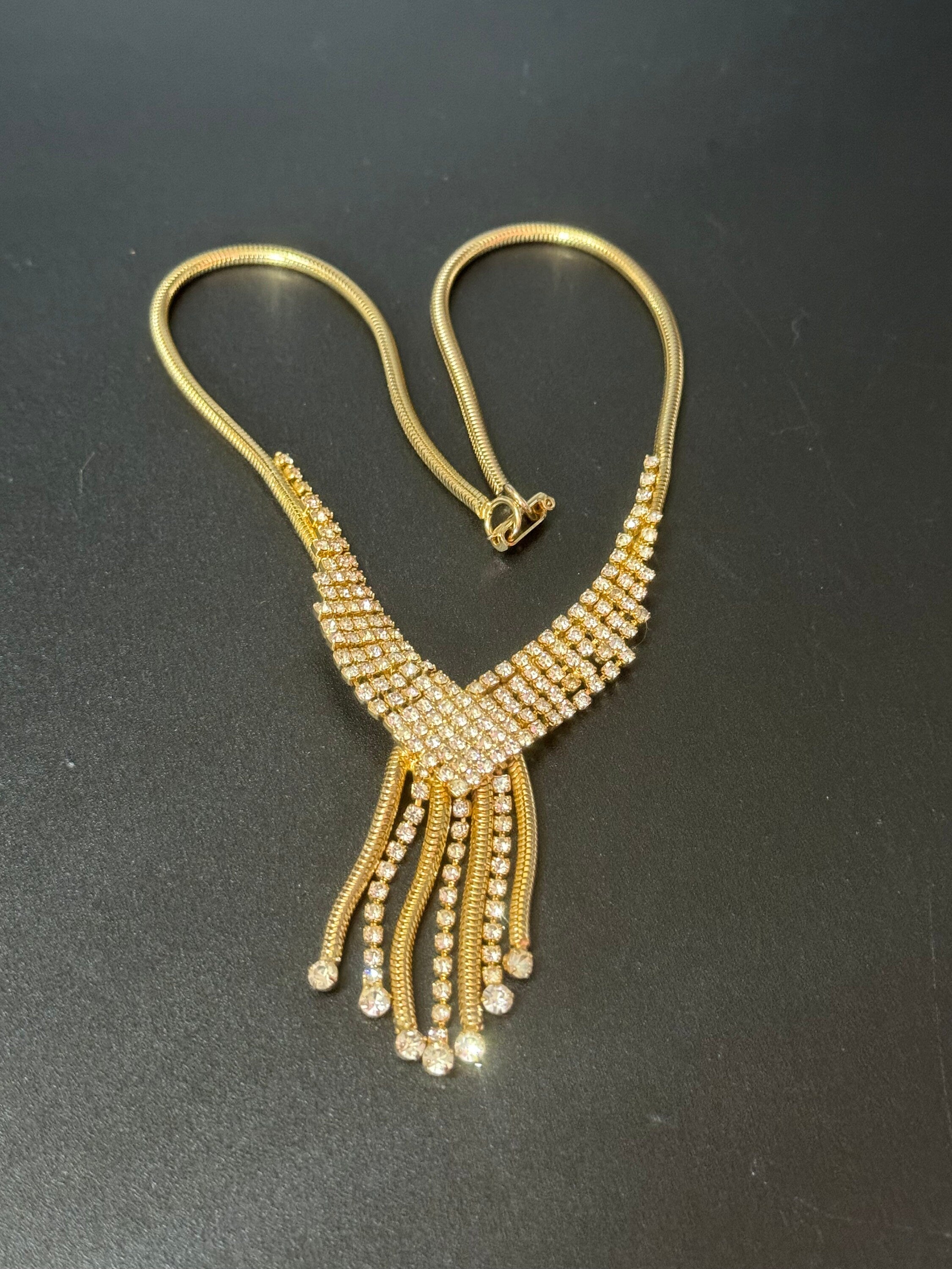 Vintage gold tone mesh & Clear paste diamanté waterfall lariat necklace