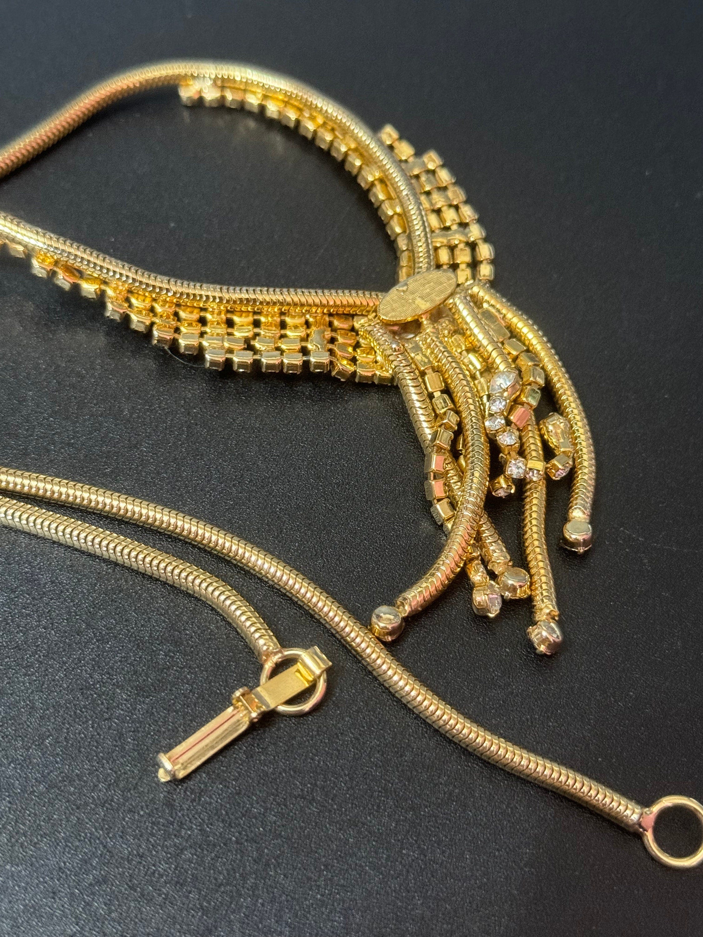 Vintage gold tone mesh & Clear paste diamanté waterfall lariat necklace