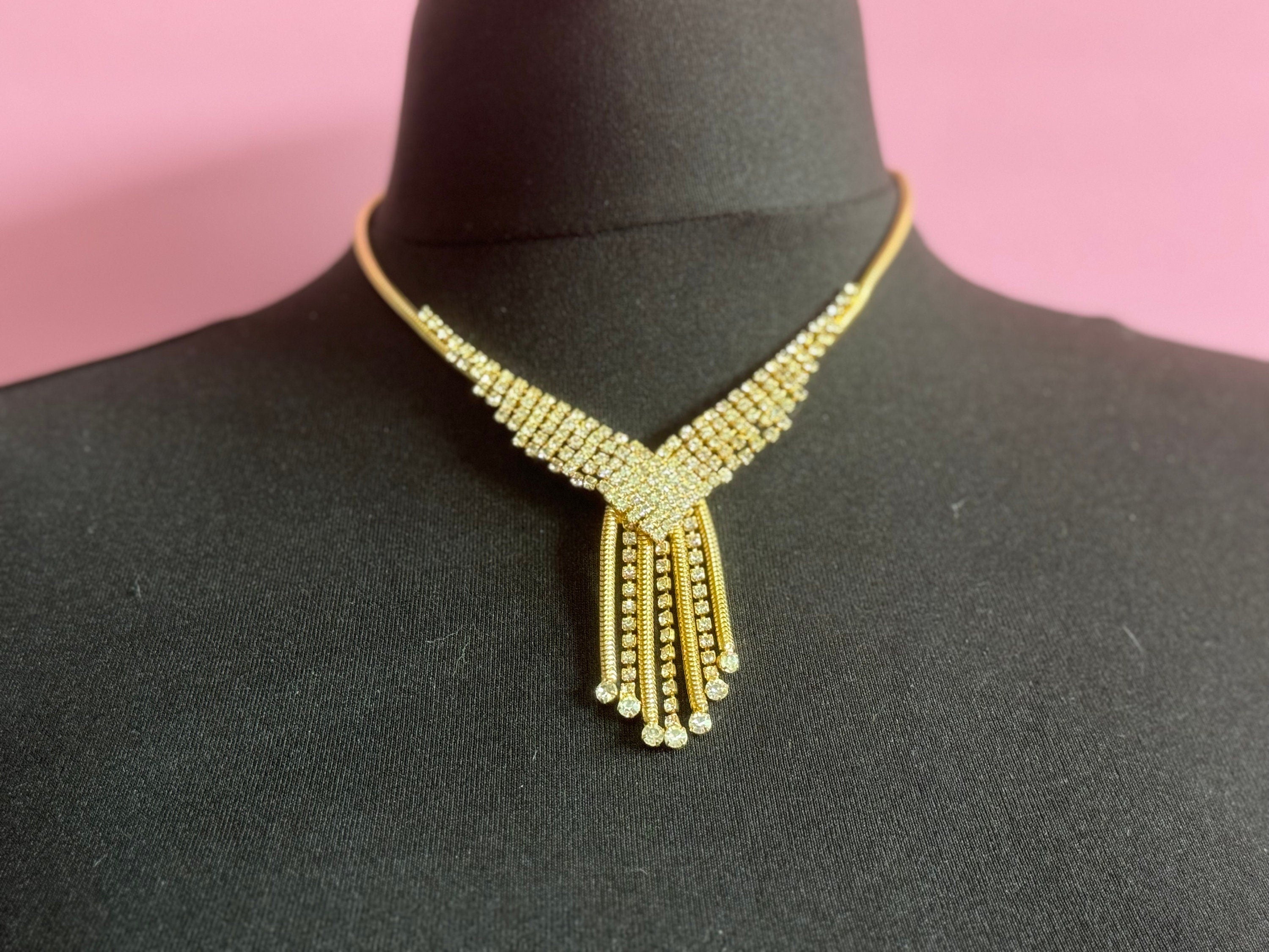Vintage gold tone mesh & Clear paste diamanté waterfall lariat necklace