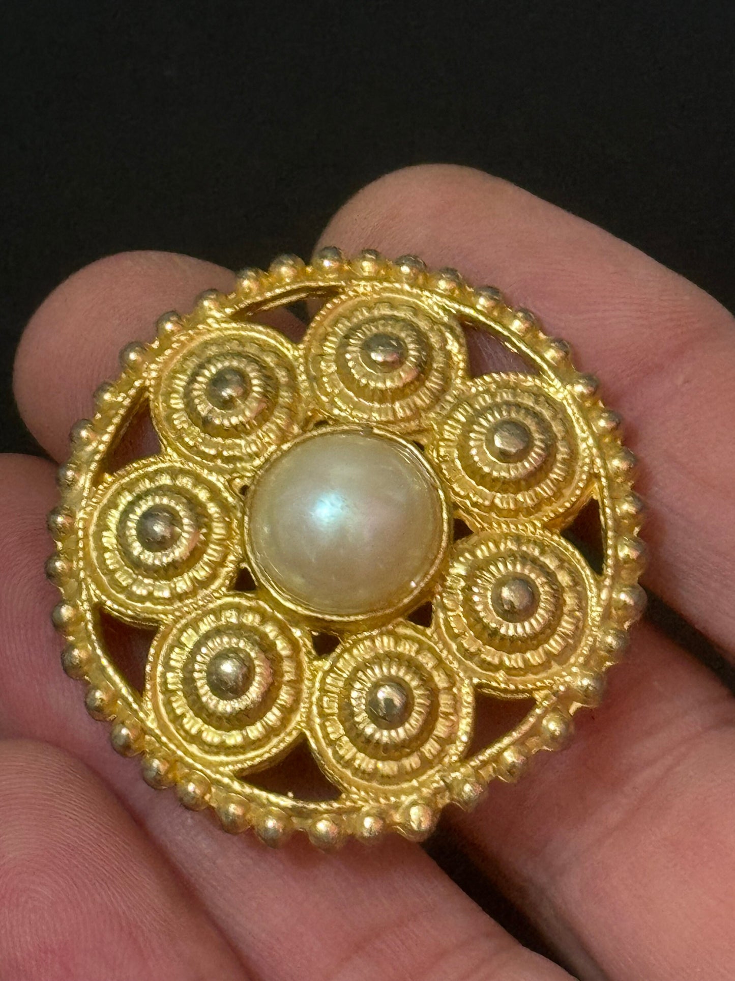 Vintage round etruscan gold tone faux pearl cabochon Statement cannetille Brooch