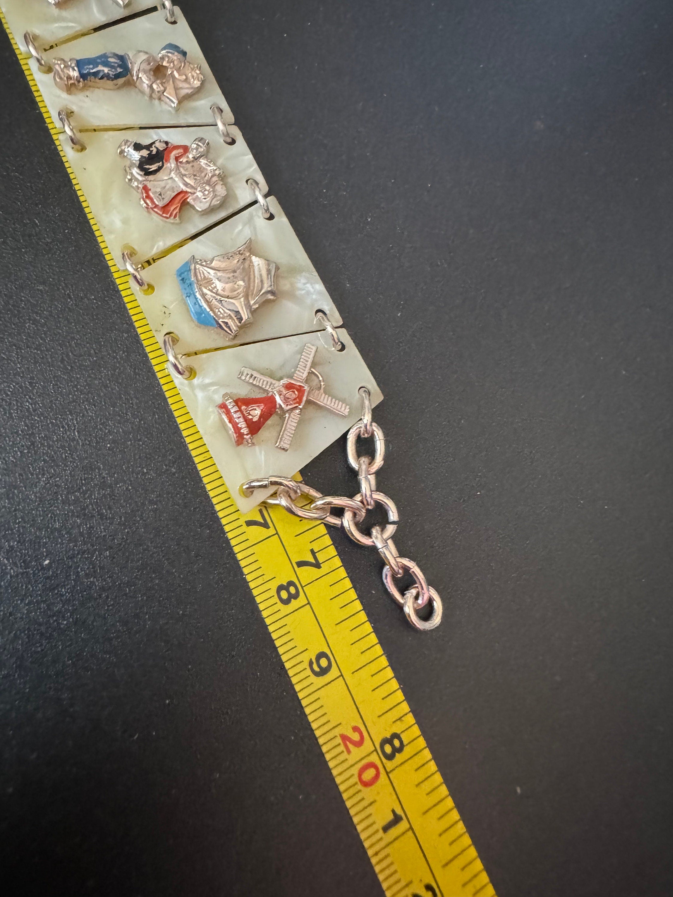 Dutch Vintage early plastic celluloid faux cream Pearl panel link kitsch bracelet with windmill Holland dancing 1940s 1950s
