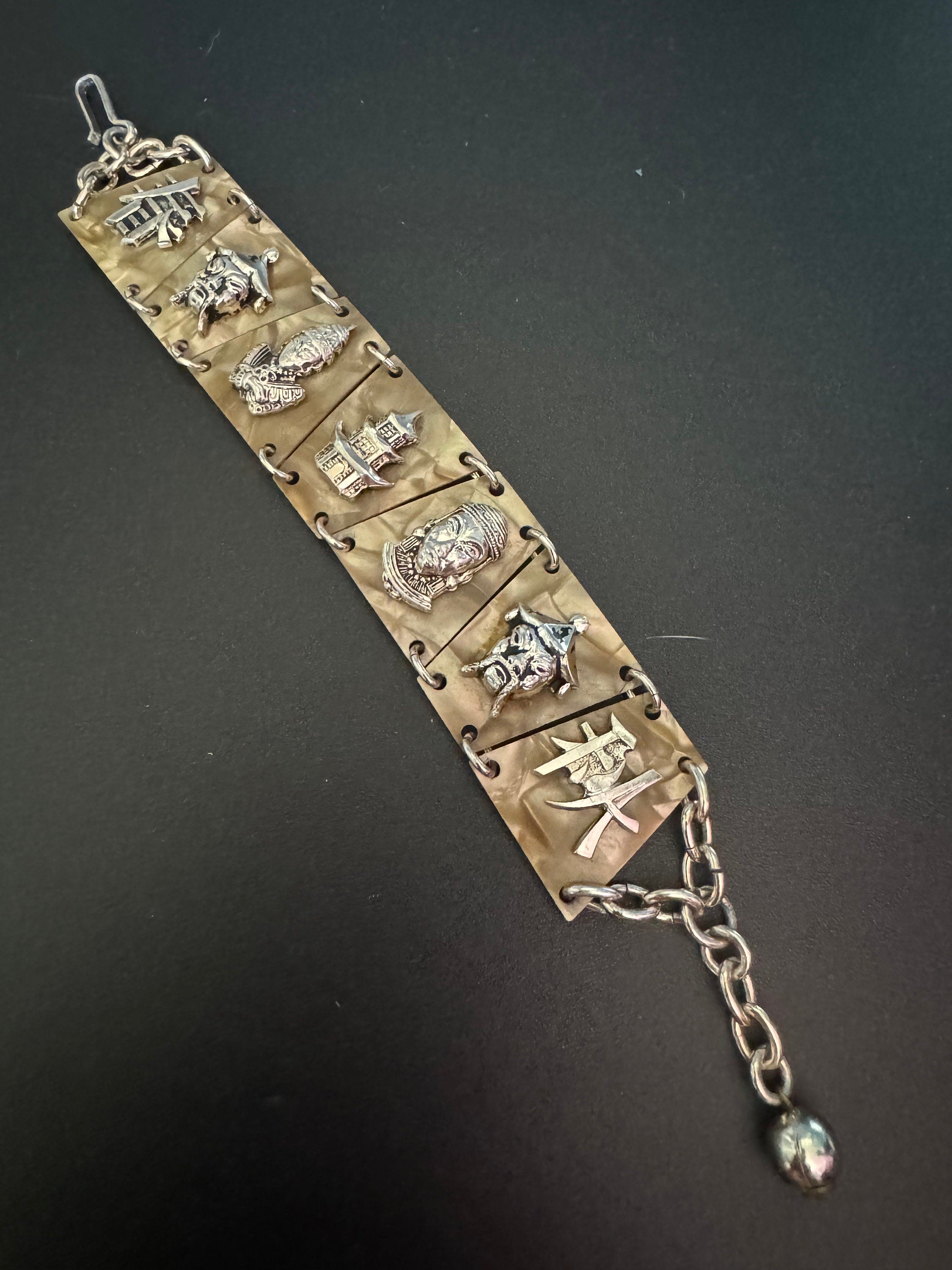 Chinese Vintage early plastic celluloid faux cream Pearl panel link kitsch bracelet with eastern motifs souvenir 1940s 1950s