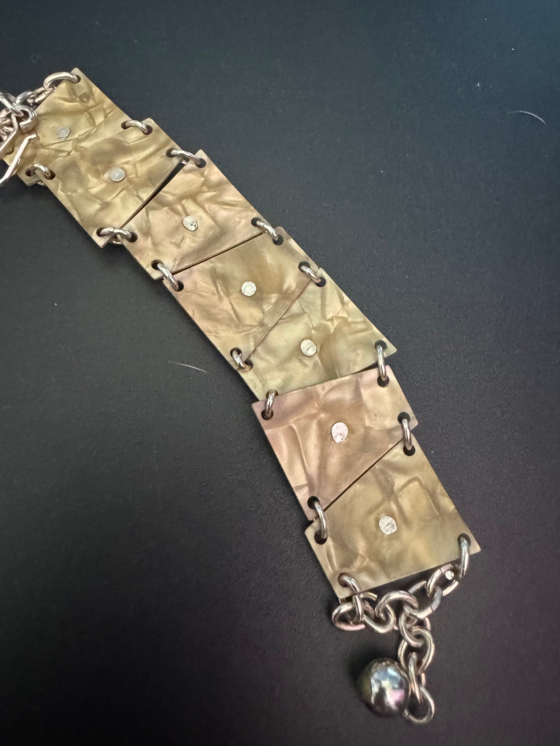 Chinese Vintage early plastic celluloid faux cream Pearl panel link kitsch bracelet with eastern motifs souvenir 1940s 1950s