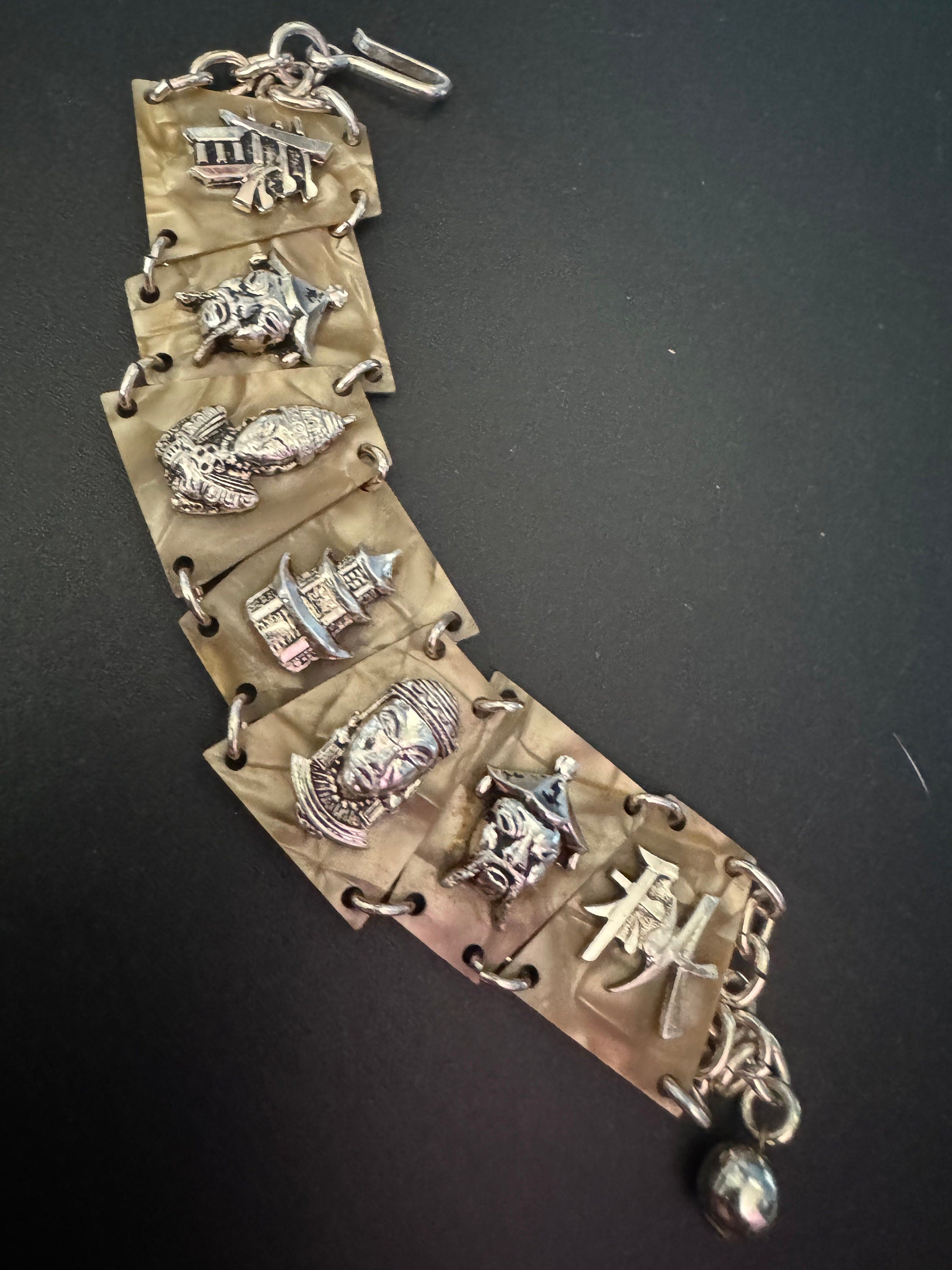 Chinese Vintage early plastic celluloid faux cream Pearl panel link kitsch bracelet with eastern motifs souvenir 1940s 1950s