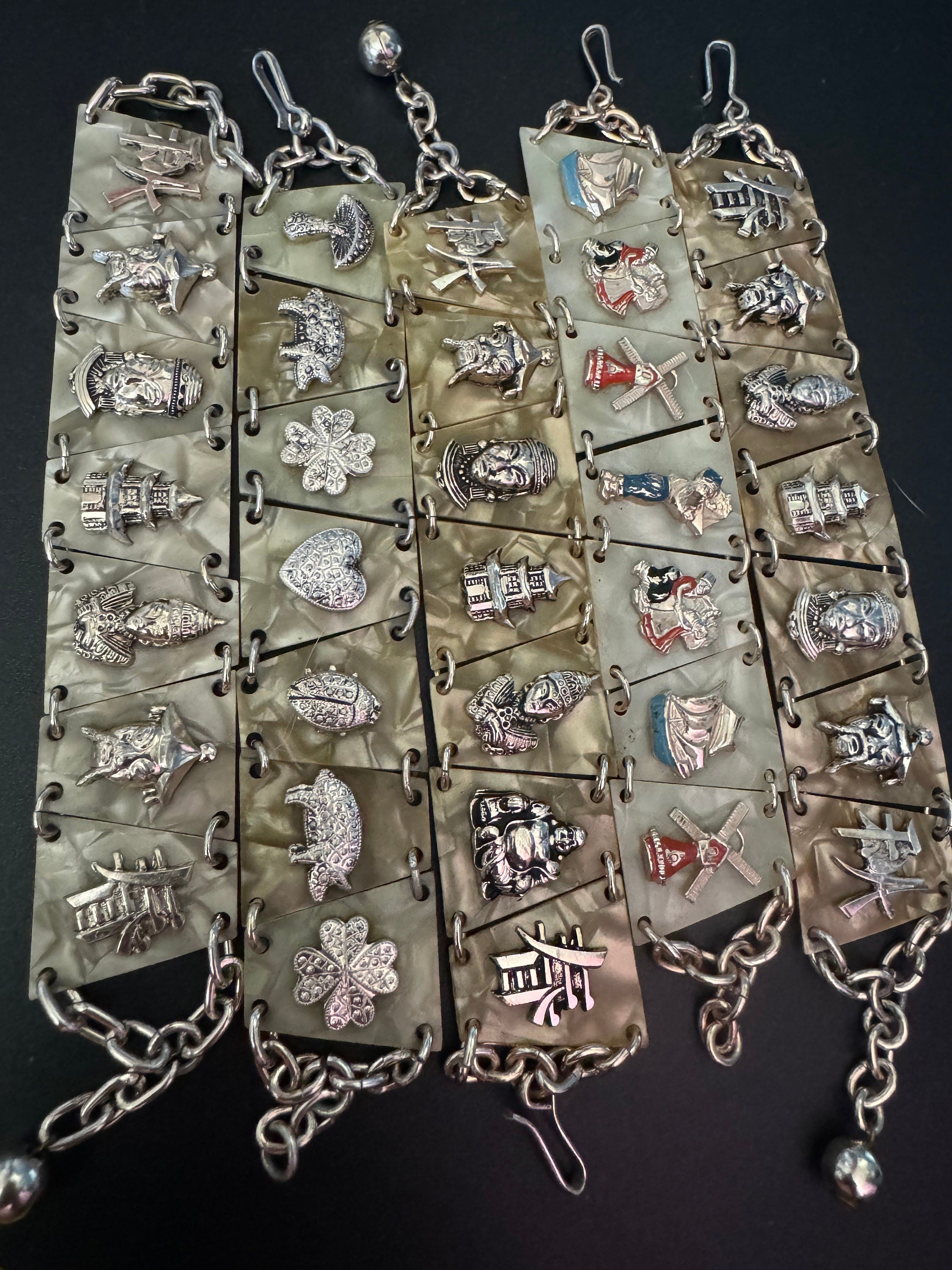 Chinese Vintage early plastic celluloid faux cream Pearl panel link kitsch bracelet with eastern motifs souvenir 1940s 1950s
