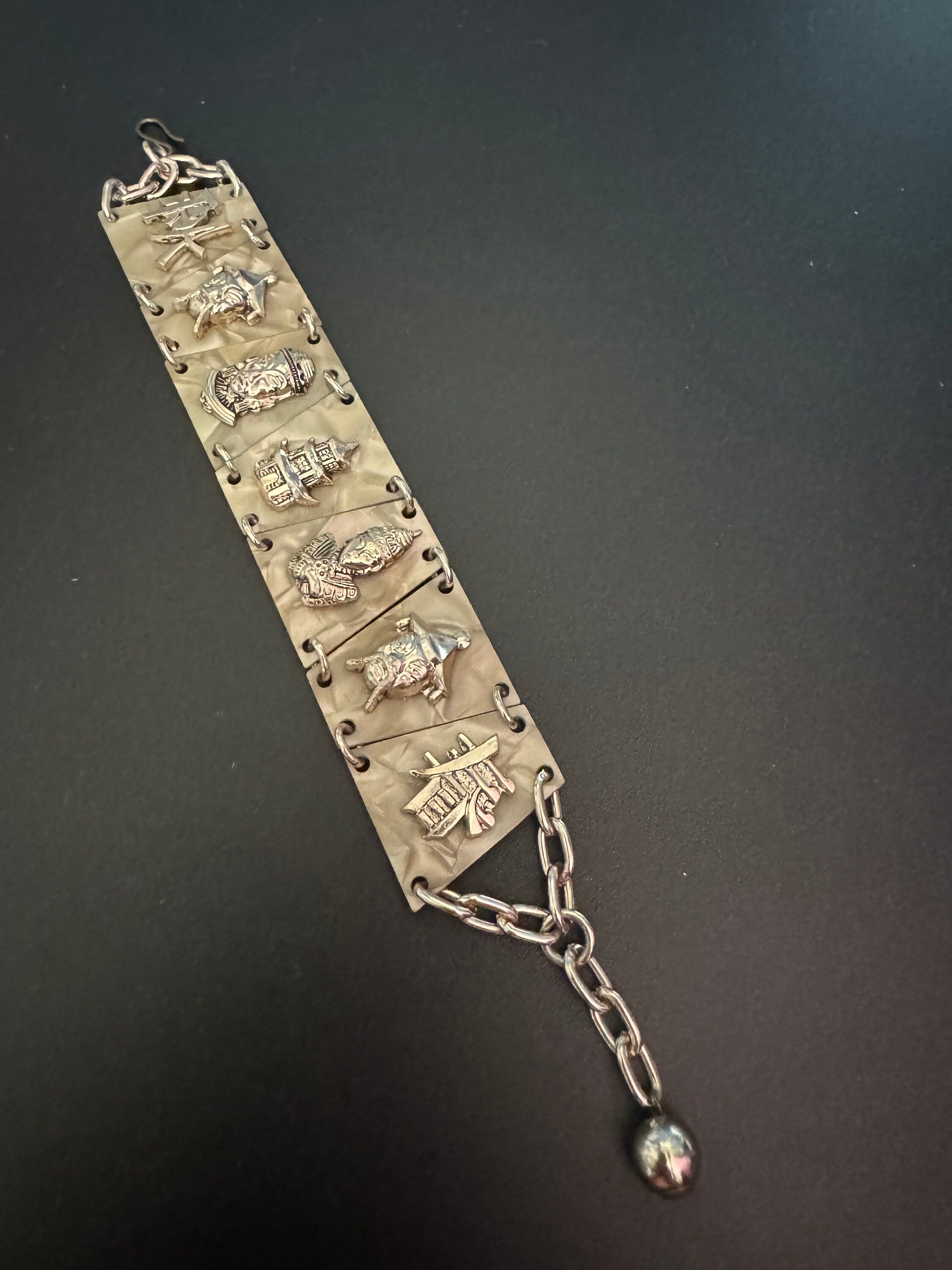 Chinese Vintage early plastic celluloid faux cream Pearl panel link kitsch bracelet with eastern motifs souvenir 1940s 1950s