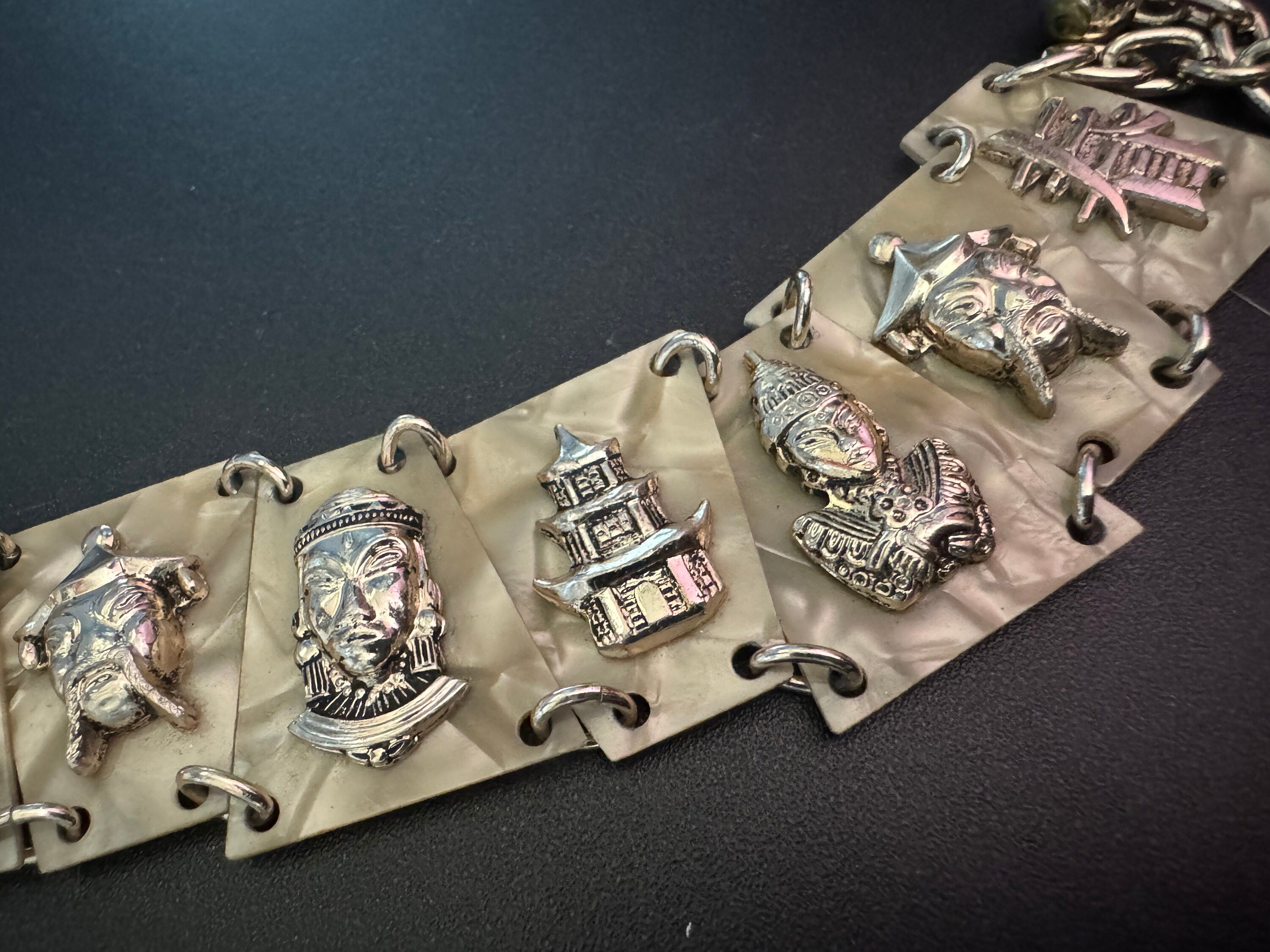 Chinese Vintage early plastic celluloid faux cream Pearl panel link kitsch bracelet with eastern motifs souvenir 1940s 1950s