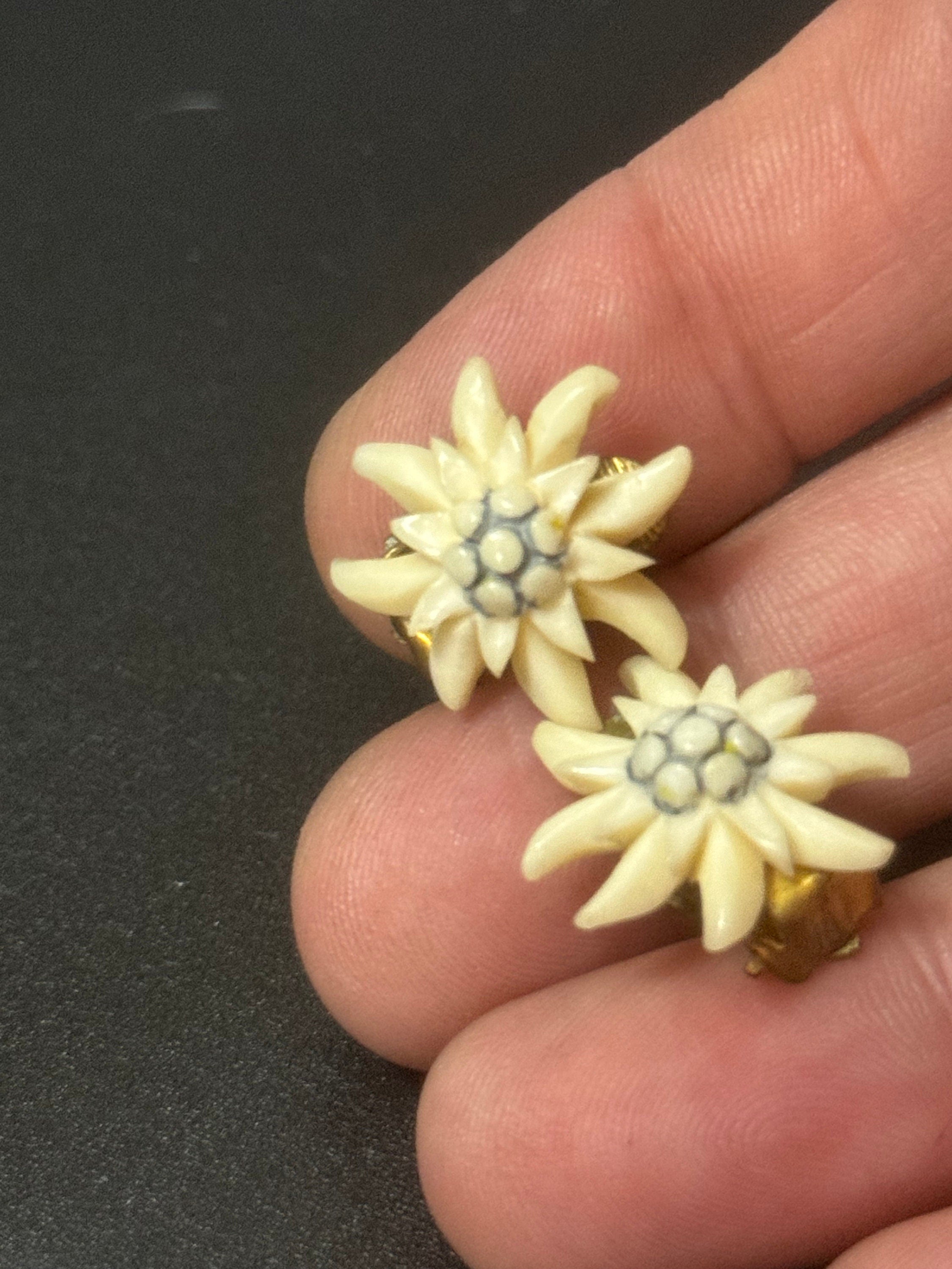 Vintage early plastic celluloid Edelweiss floral clip on earrings art deco