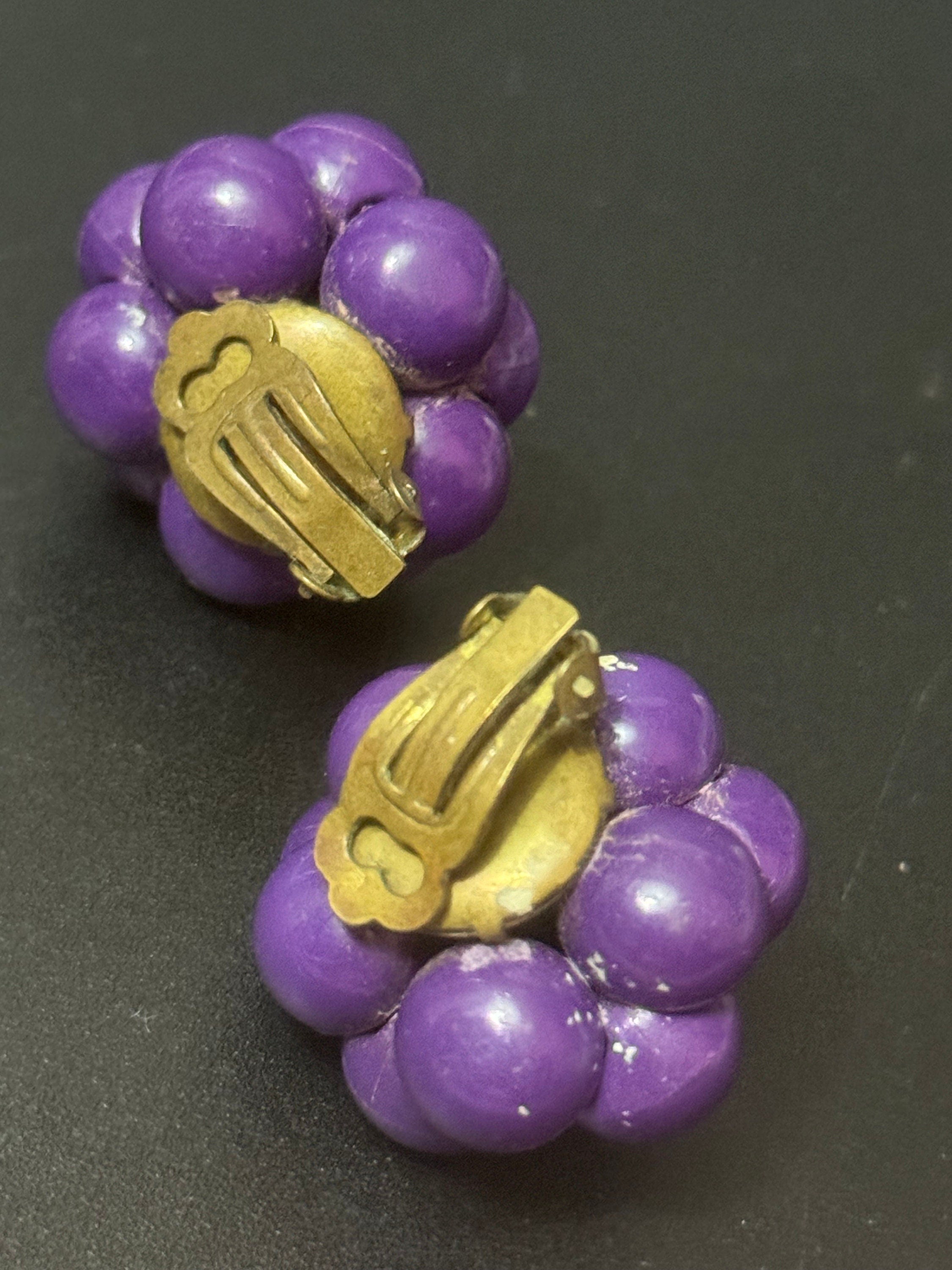 Vintage purple floral plastic beaded Cluster Clip On Earrings