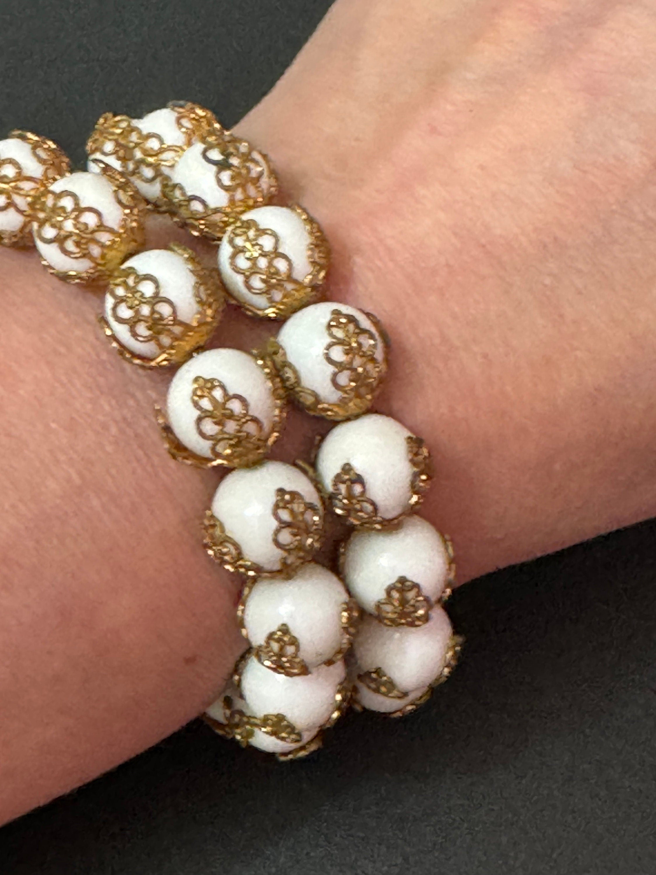 Vintage Czech jewellery set white milk glass filigree beaded Cluster Clip On Earrings and wrap bracelet 1940s 1950s
