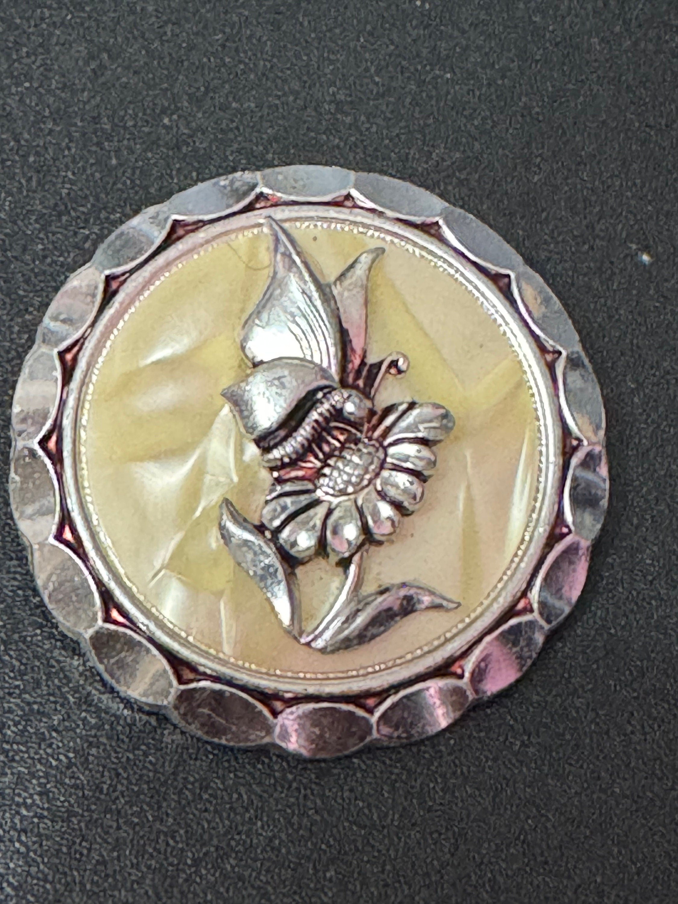Vintage celluloid silver tone floral rose round Scarf ring clip mid century