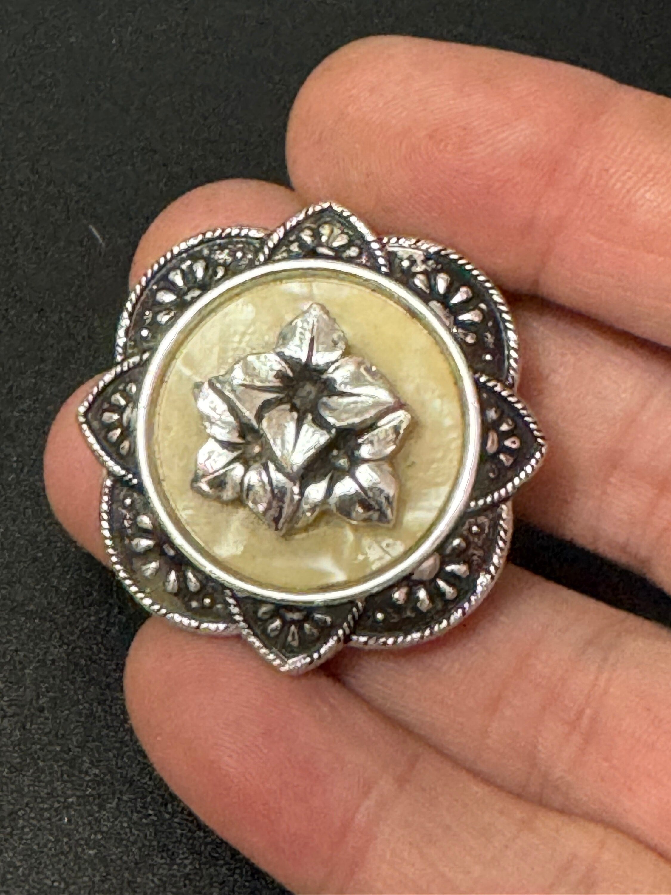 Vintage celluloid silver tone floral rose round Scarf ring clip mid century