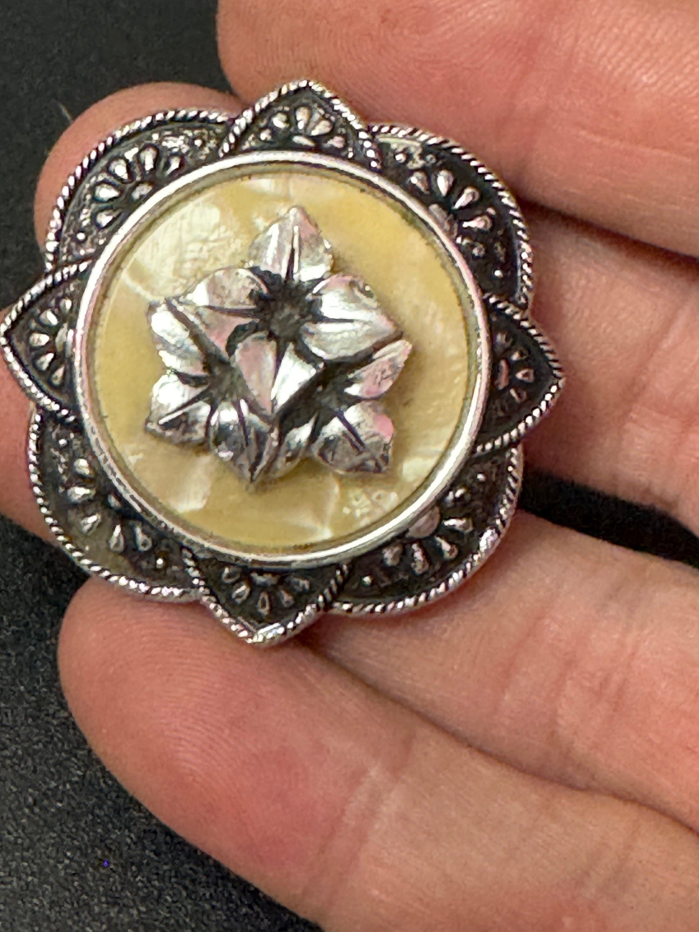 Vintage celluloid silver tone floral rose round Scarf ring clip mid century