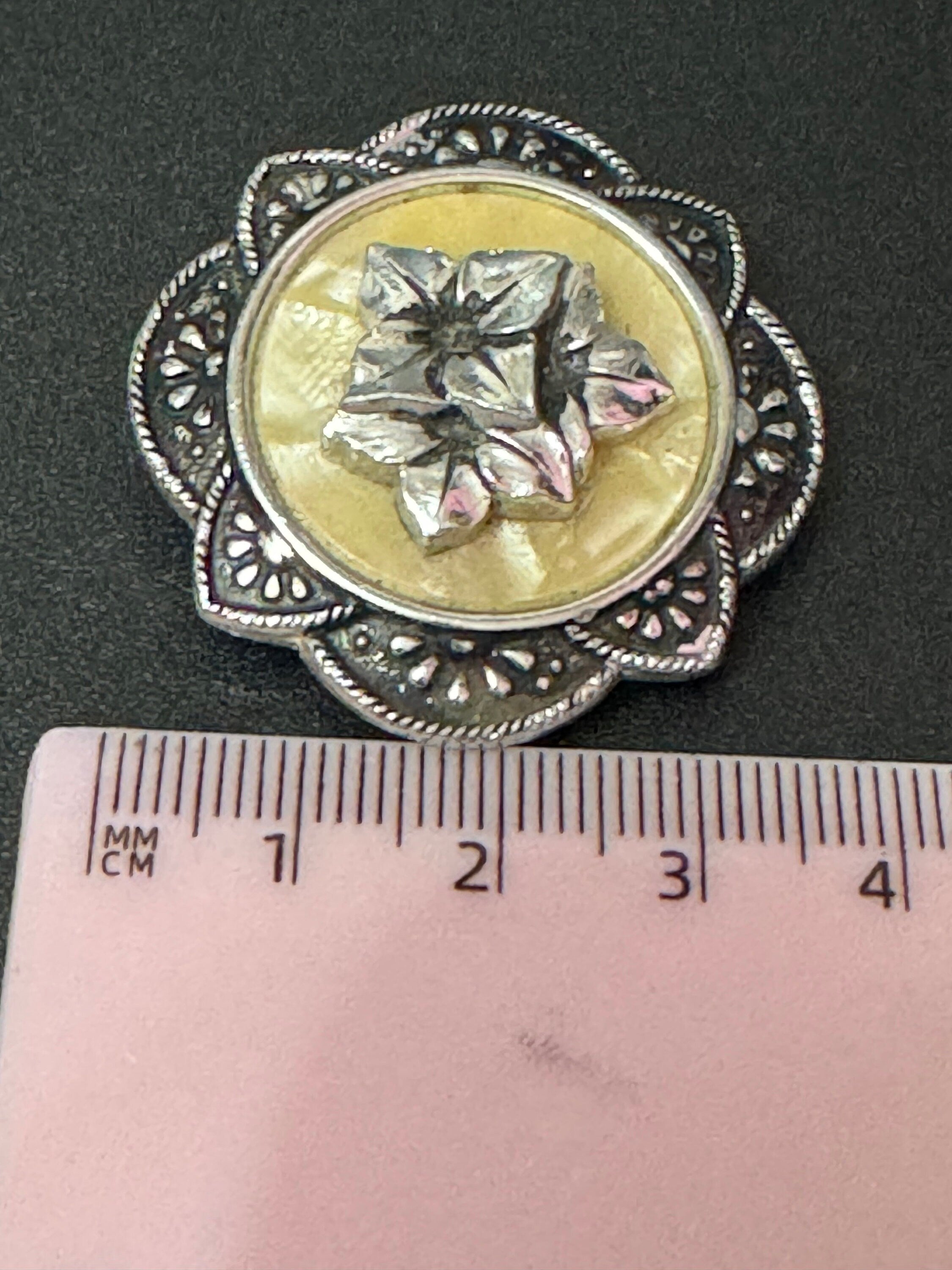 Vintage celluloid silver tone floral rose round Scarf ring clip mid century