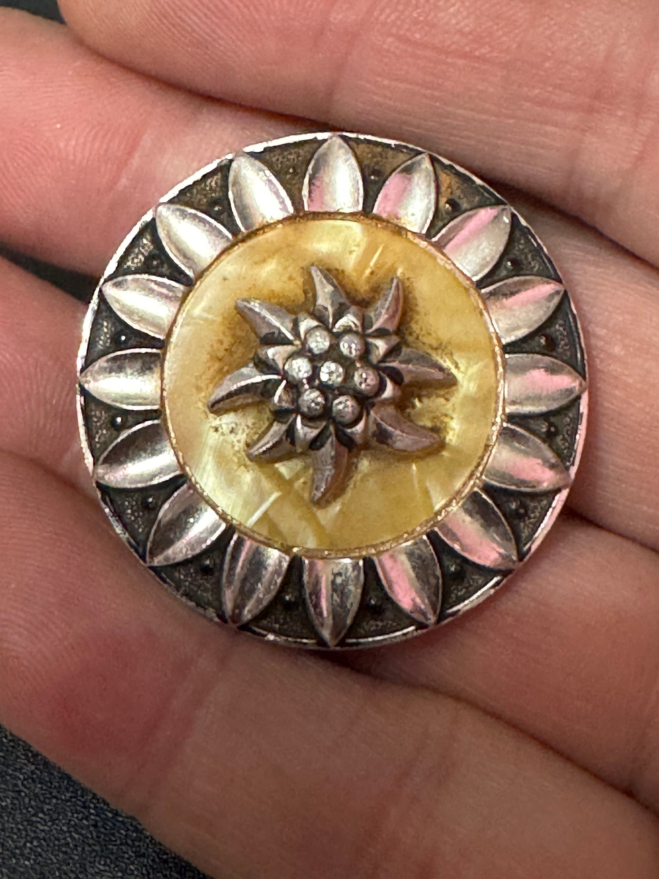 Vintage celluloid silver tone floral Edelweiss round Scarf ring clip mid century