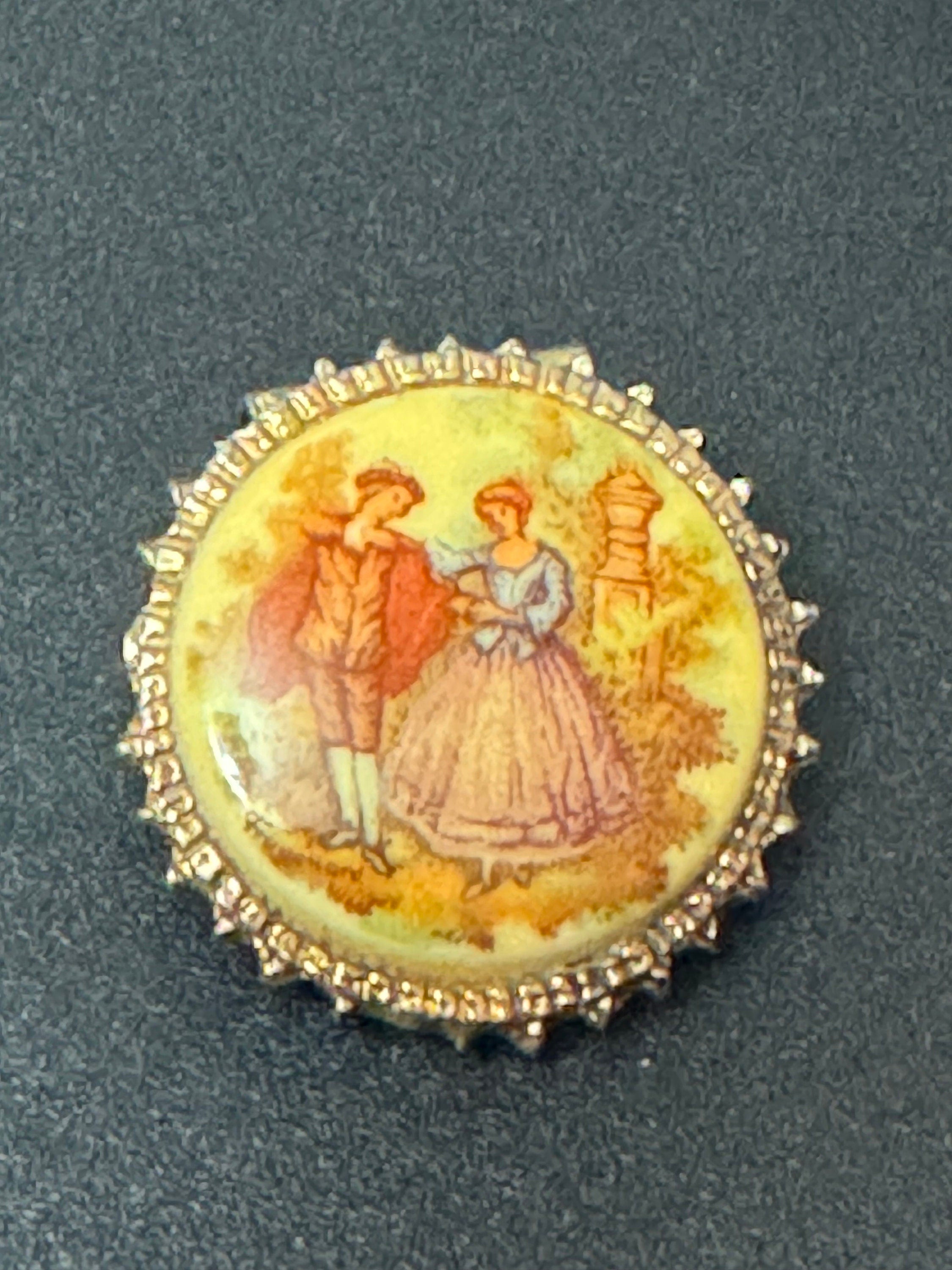 Vintage ladies in crinoline dress Limoges style Fragonard Gold Tone Scarf Ring Clip 1960s 1970s