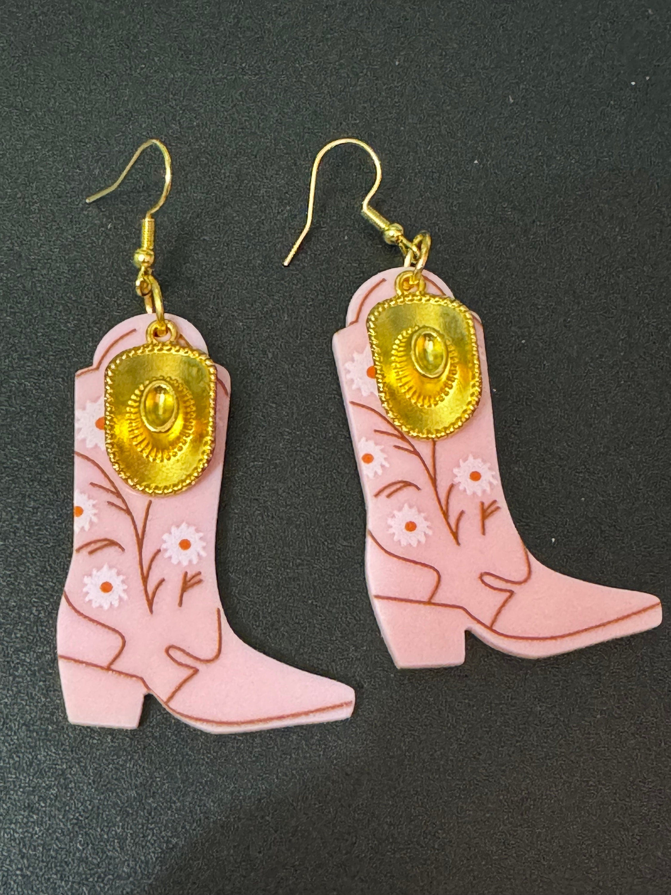 pink cowboy boot and cowgirl hat long dangly earrings gold tone western Yellowstone jewellery