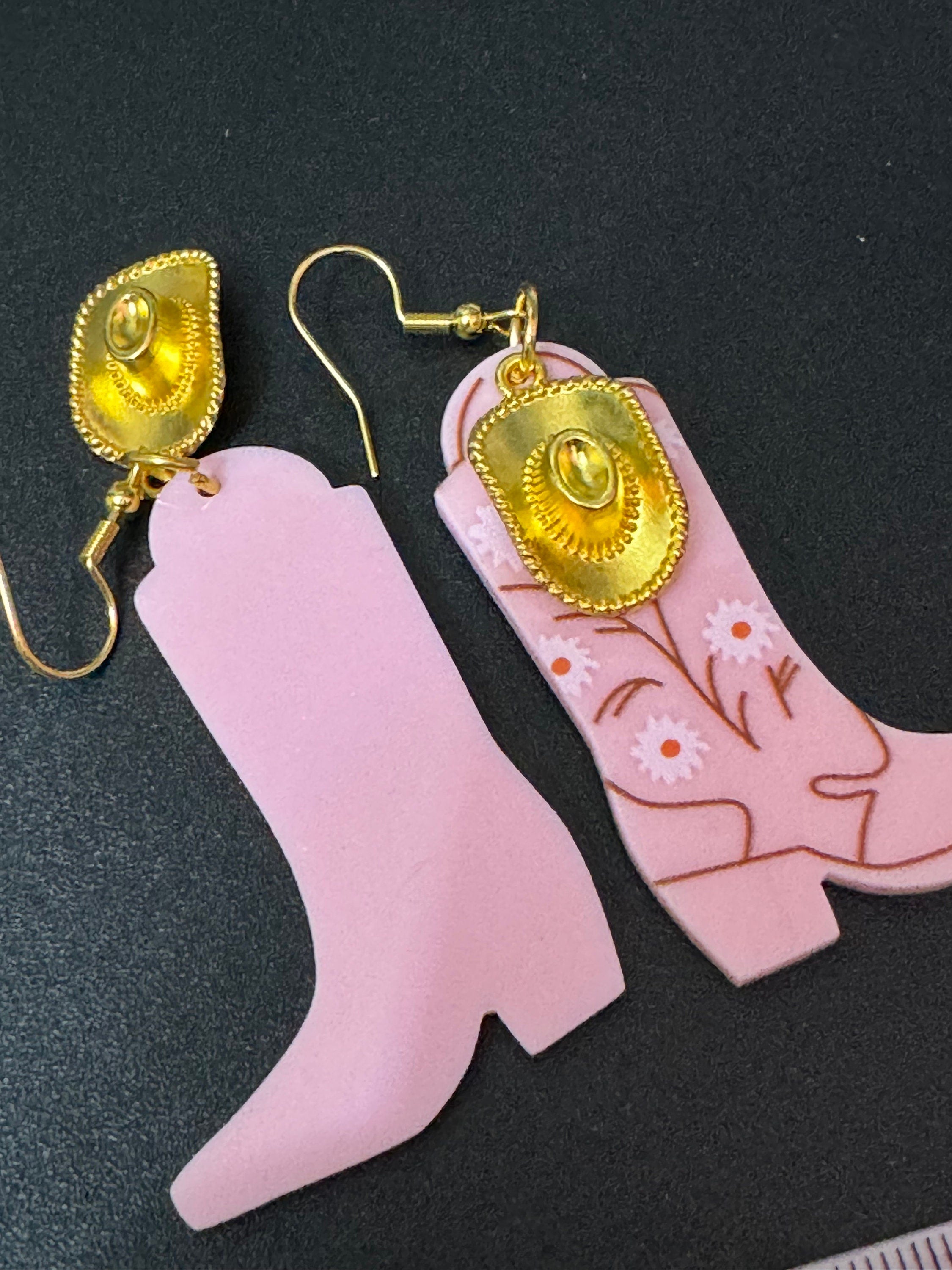 pink cowboy boot and cowgirl hat long dangly earrings gold tone western Yellowstone jewellery