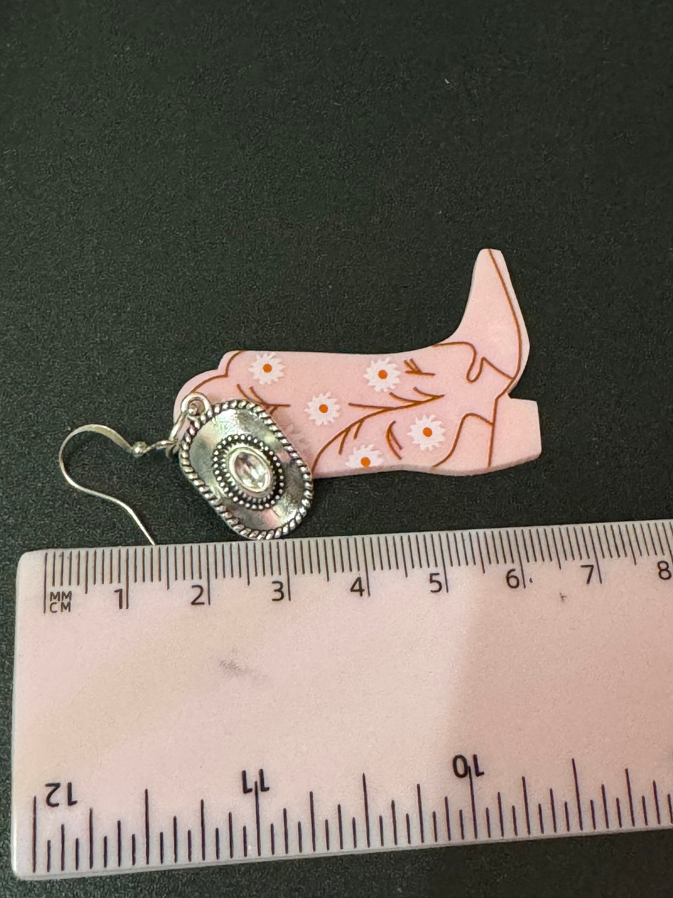 pink cowboy boot and cowgirl hat long dangly earrings silver tone dolly disco western jewellery
