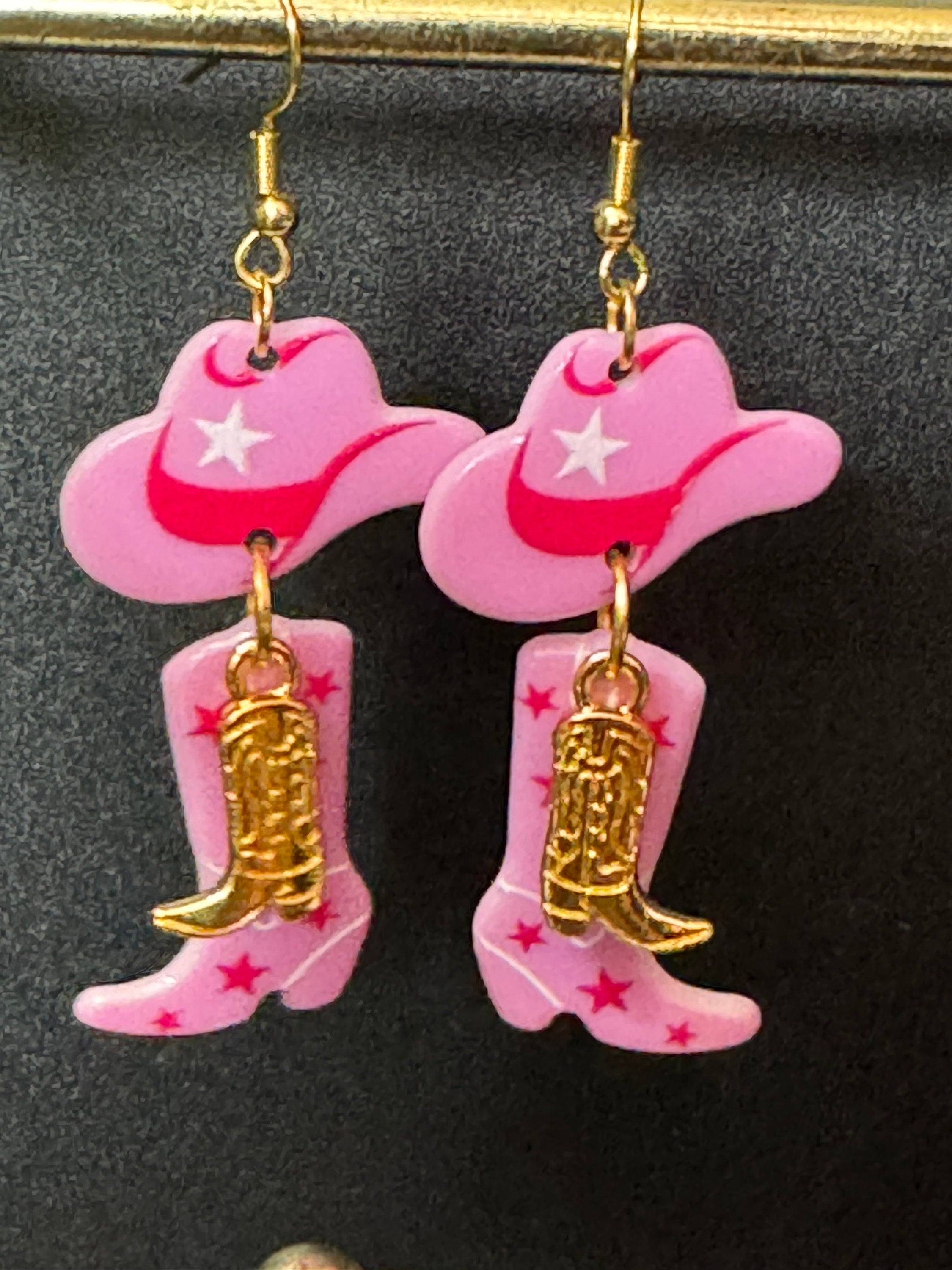 Cowgirl earrungs Western 2.0 pink cowboy boot and hat long dangly drops gold tone dolly disco jewellery