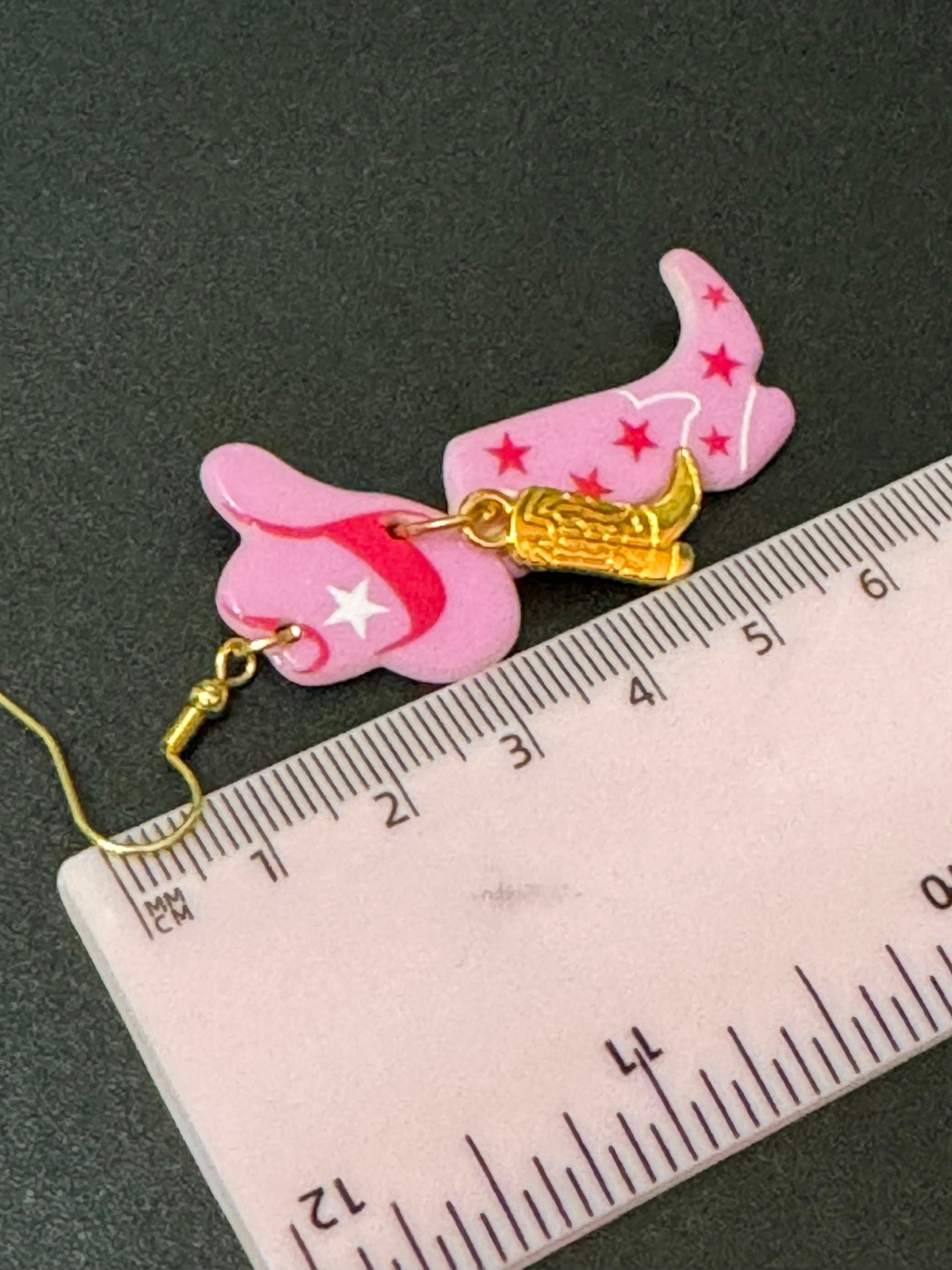 Cowgirl earrungs Western 2.0 pink cowboy boot and hat long dangly drops gold tone dolly disco jewellery