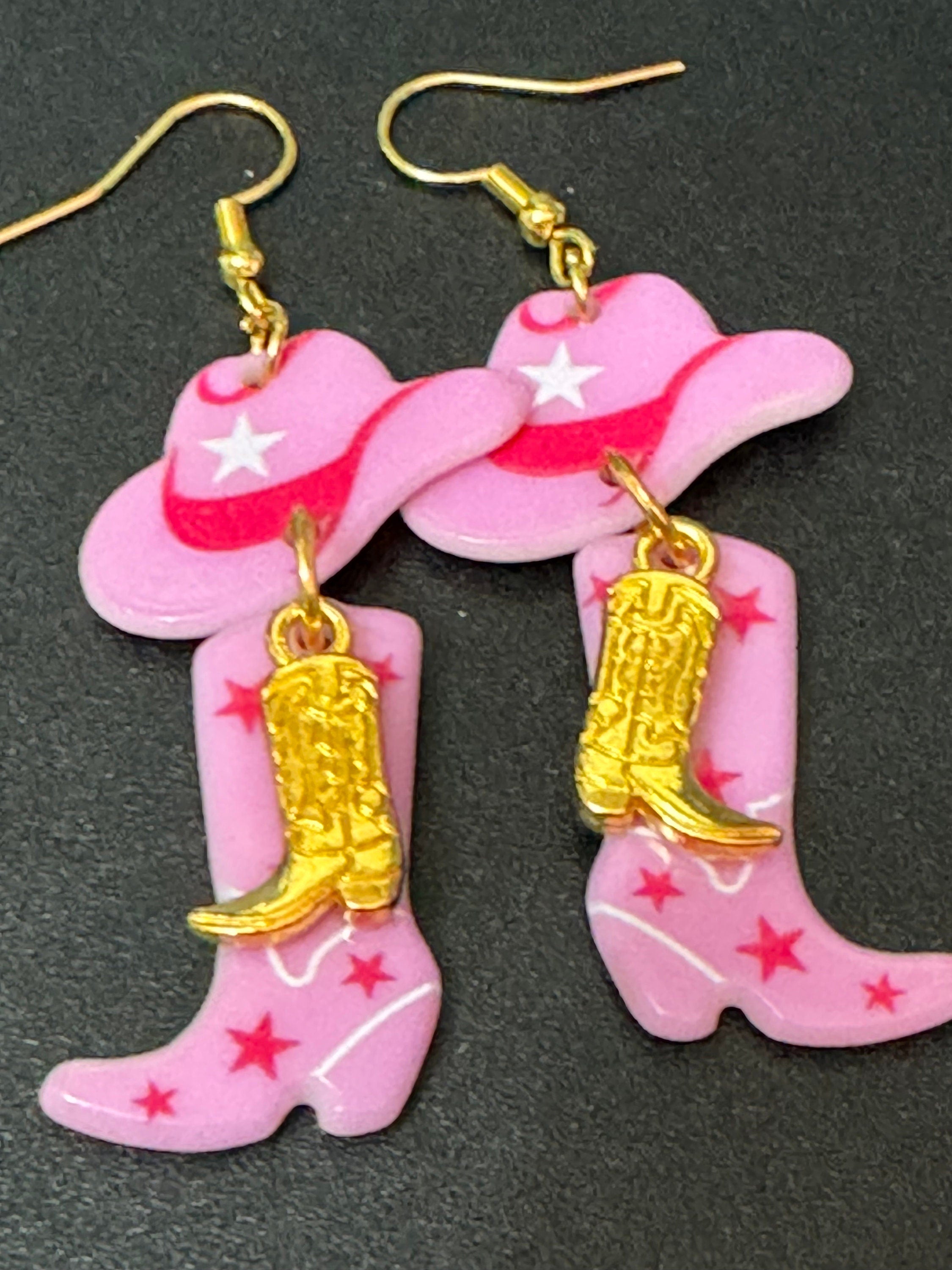 Cowgirl earrungs Western 2.0 pink cowboy boot and hat long dangly drops gold tone dolly disco jewellery