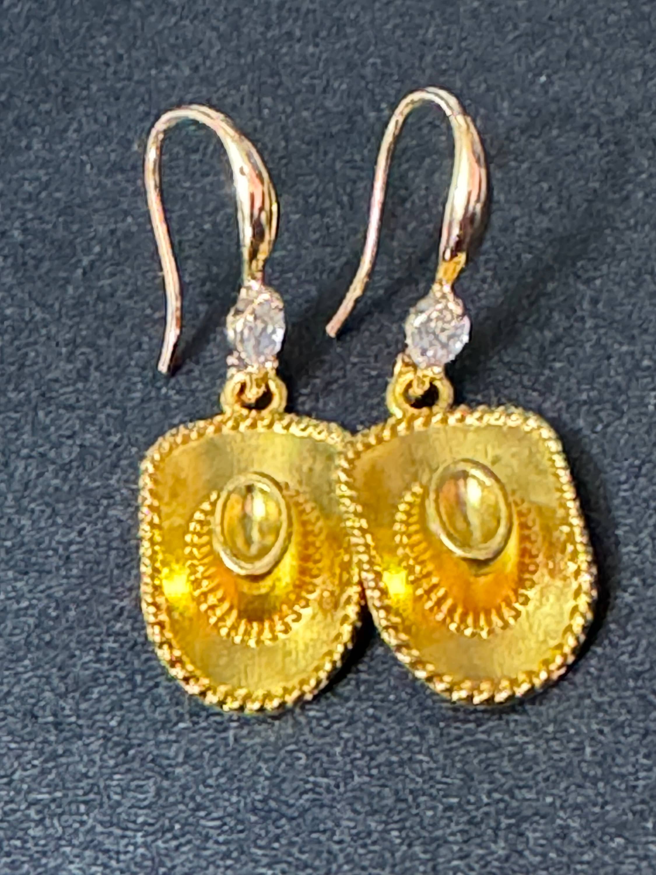 18k gold plated earwires  diamanté crystal cowboy hat dangly earrings Dolly Parton Yellowstone jewellery pierced