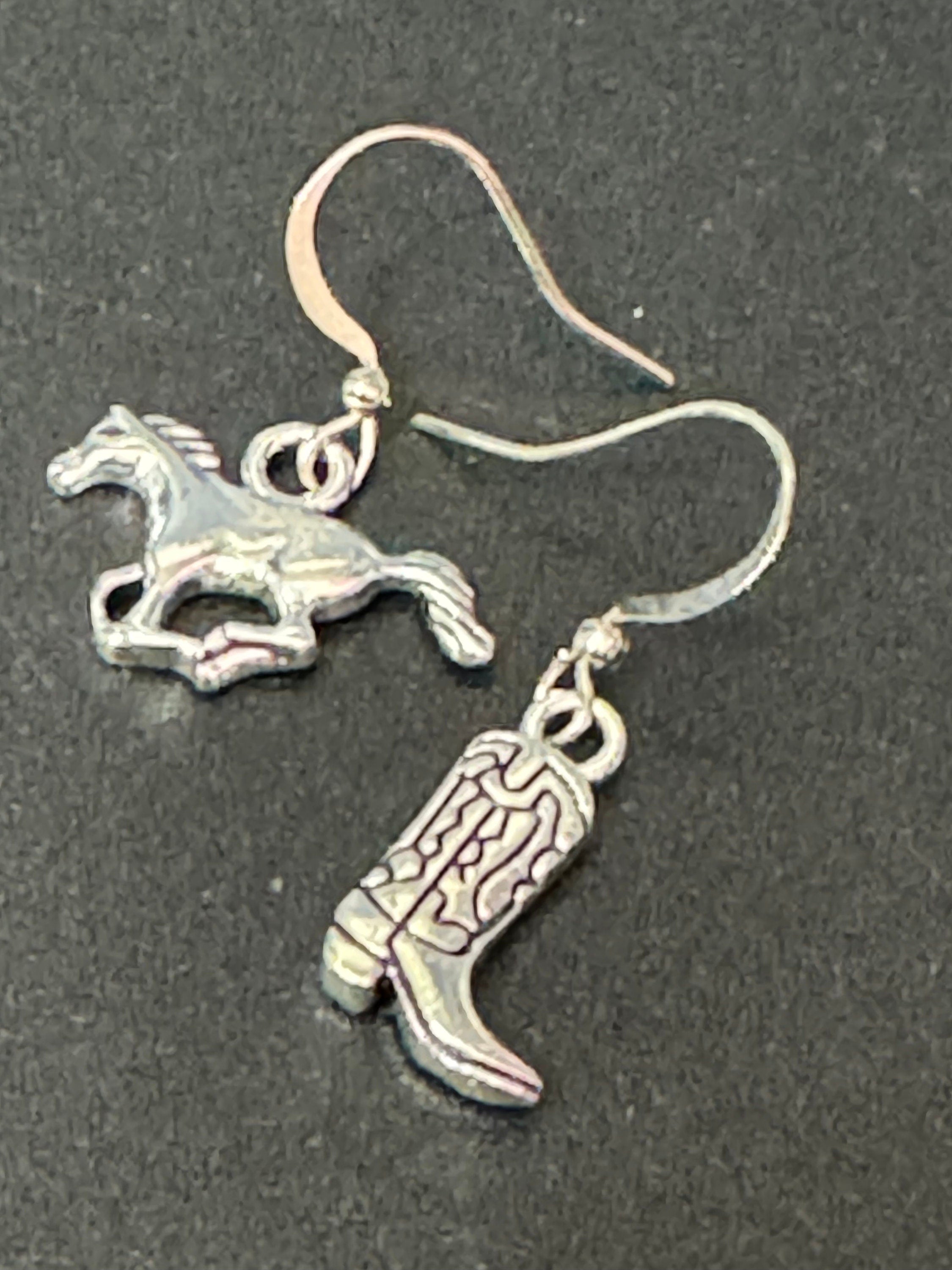 silver tone mismatched cowboy boots and horse small dangly earrings Dolly Parton western jewellery pierced