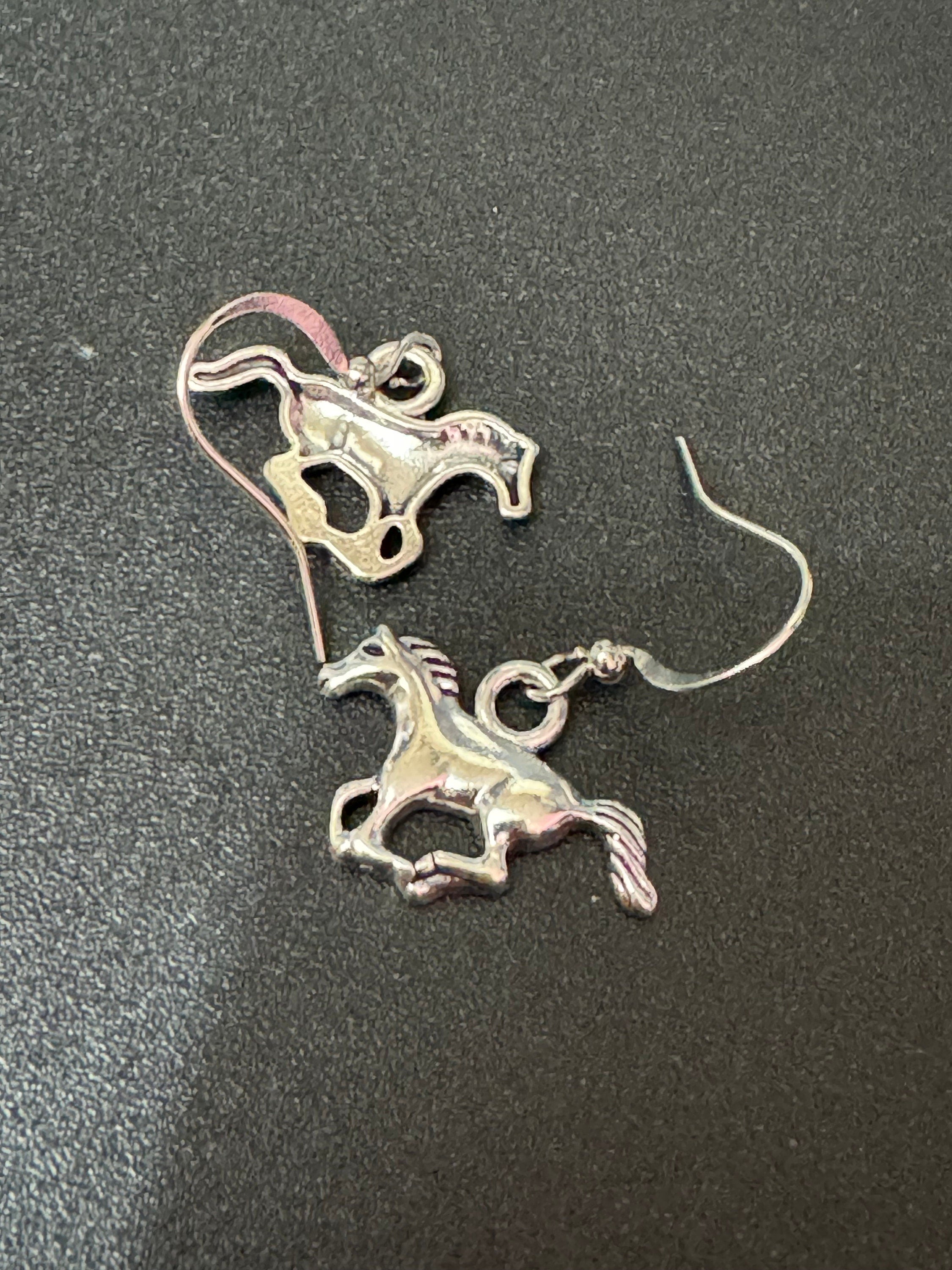 silver tone cowboy horse small dangly earrings Dolly Parton western jewellery pierced