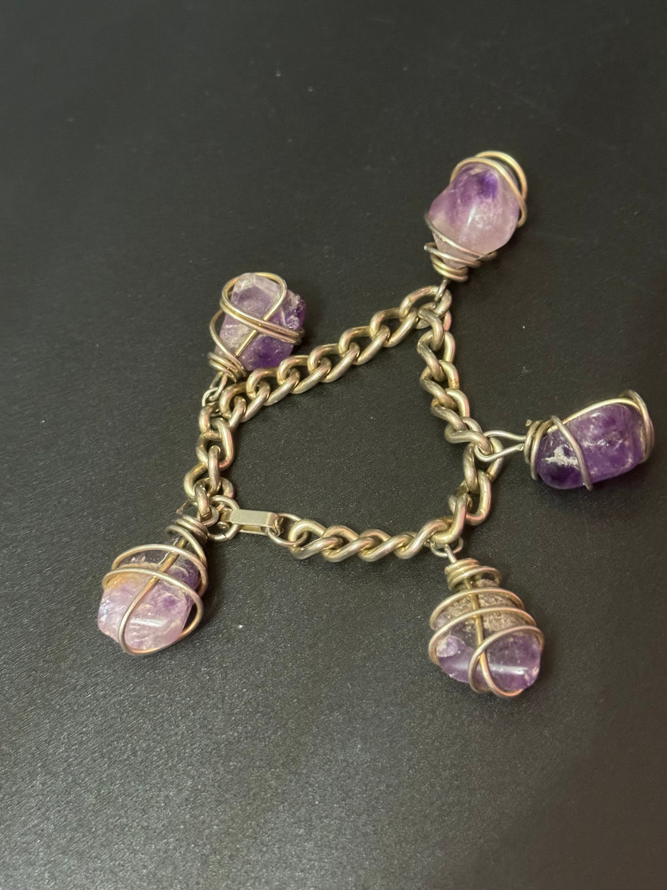 vintage 1970s silver tone chain link chunky Amethyst gemstone charm bracelet purple stones