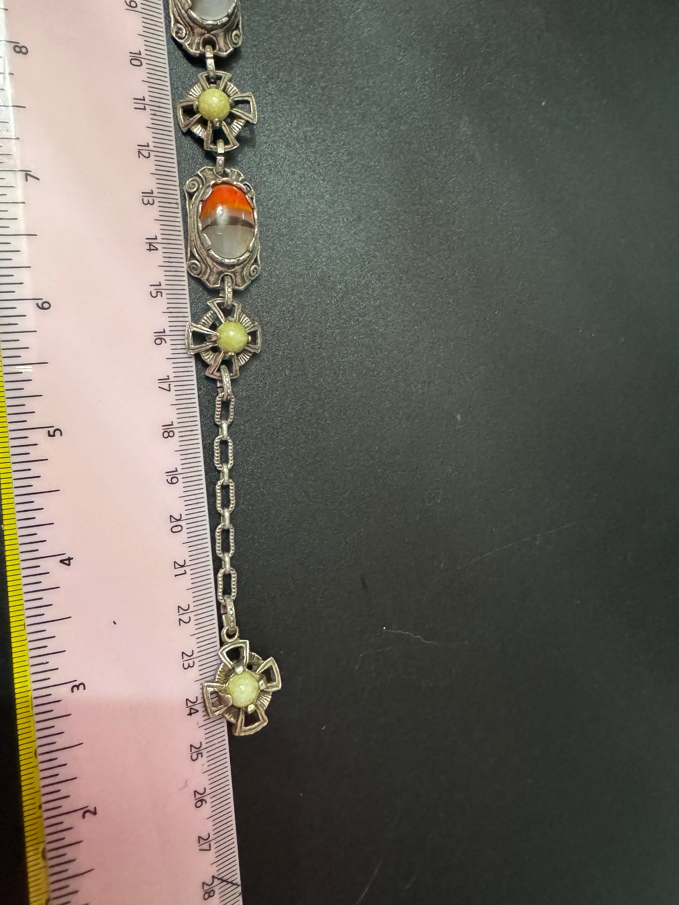 vintage retro 1970s silver tone Panel link Scottish bracelet with agate gemstone cabochons