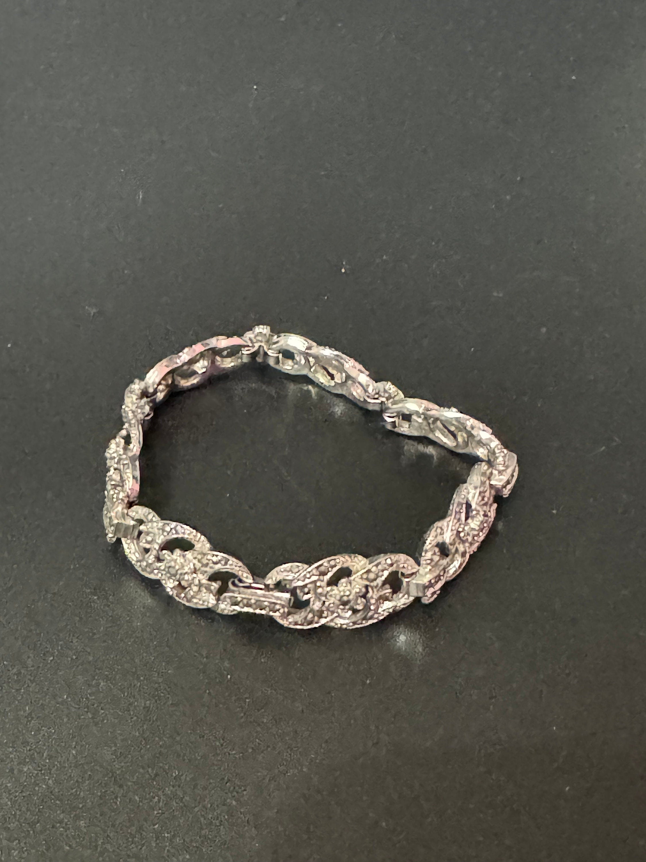 Vintage panel link silver tone marcasite bracelet 18.5cm