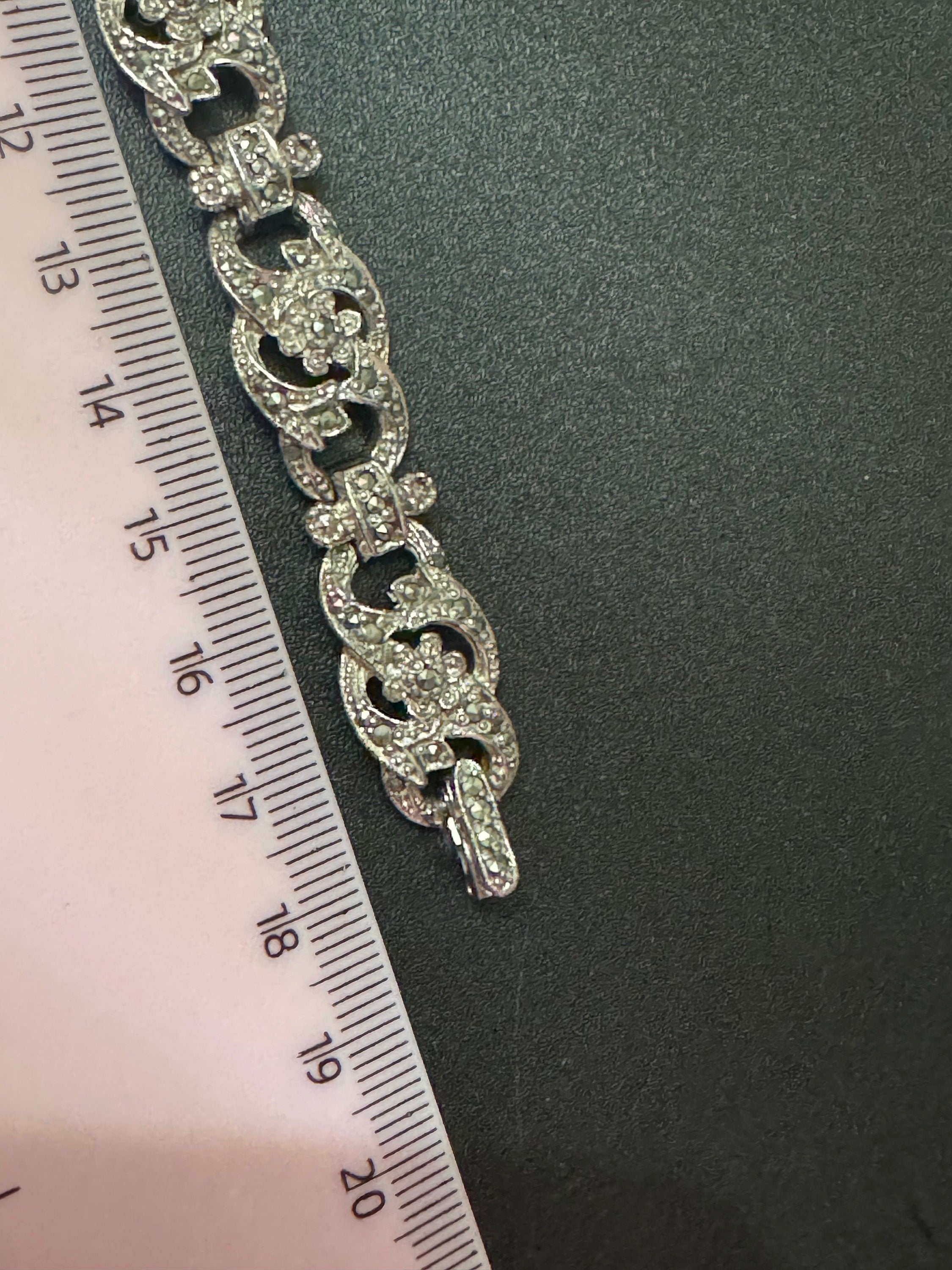 Vintage panel link silver tone marcasite bracelet 18.5cm