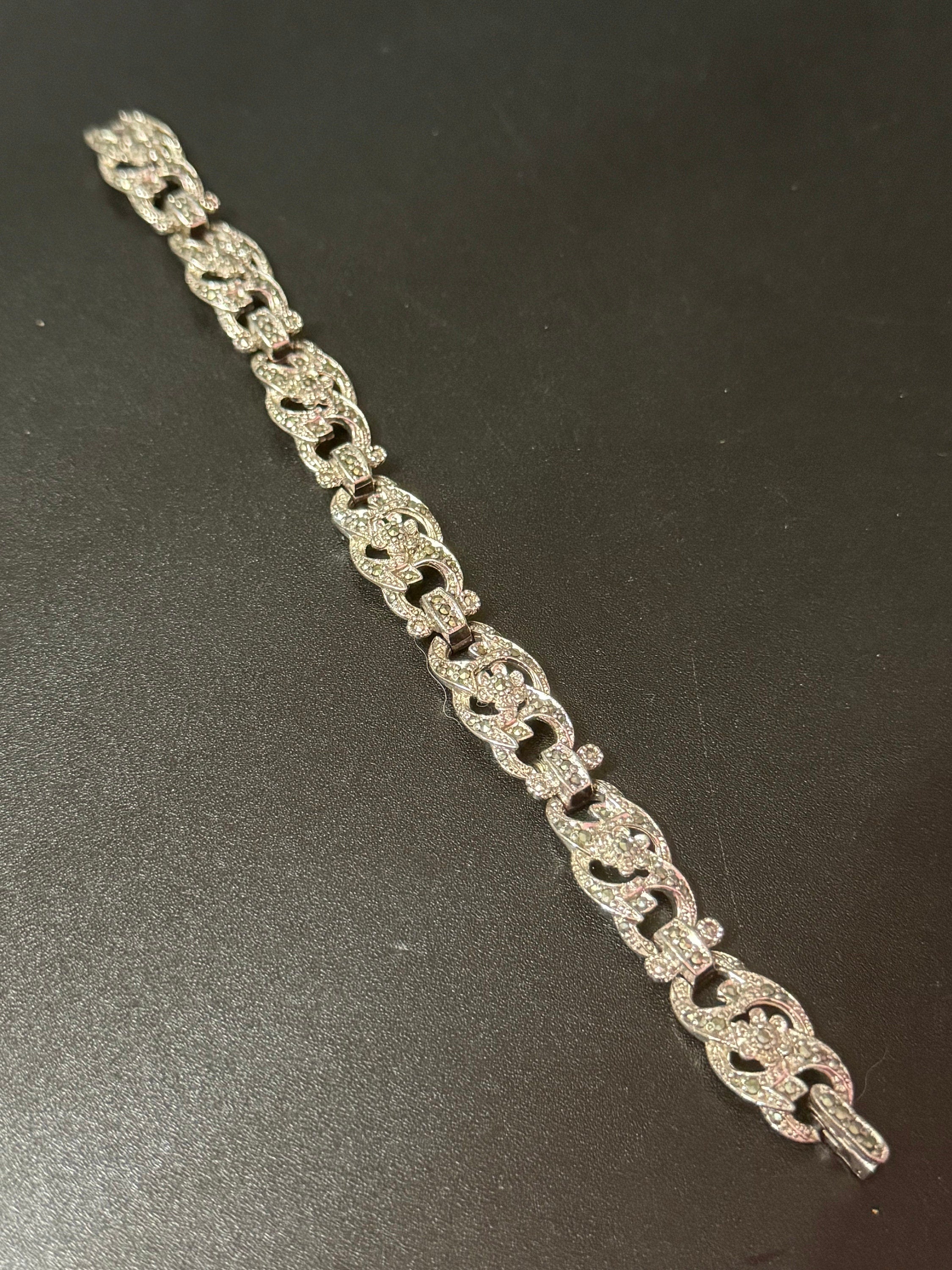 Vintage panel link silver tone marcasite bracelet 18.5cm