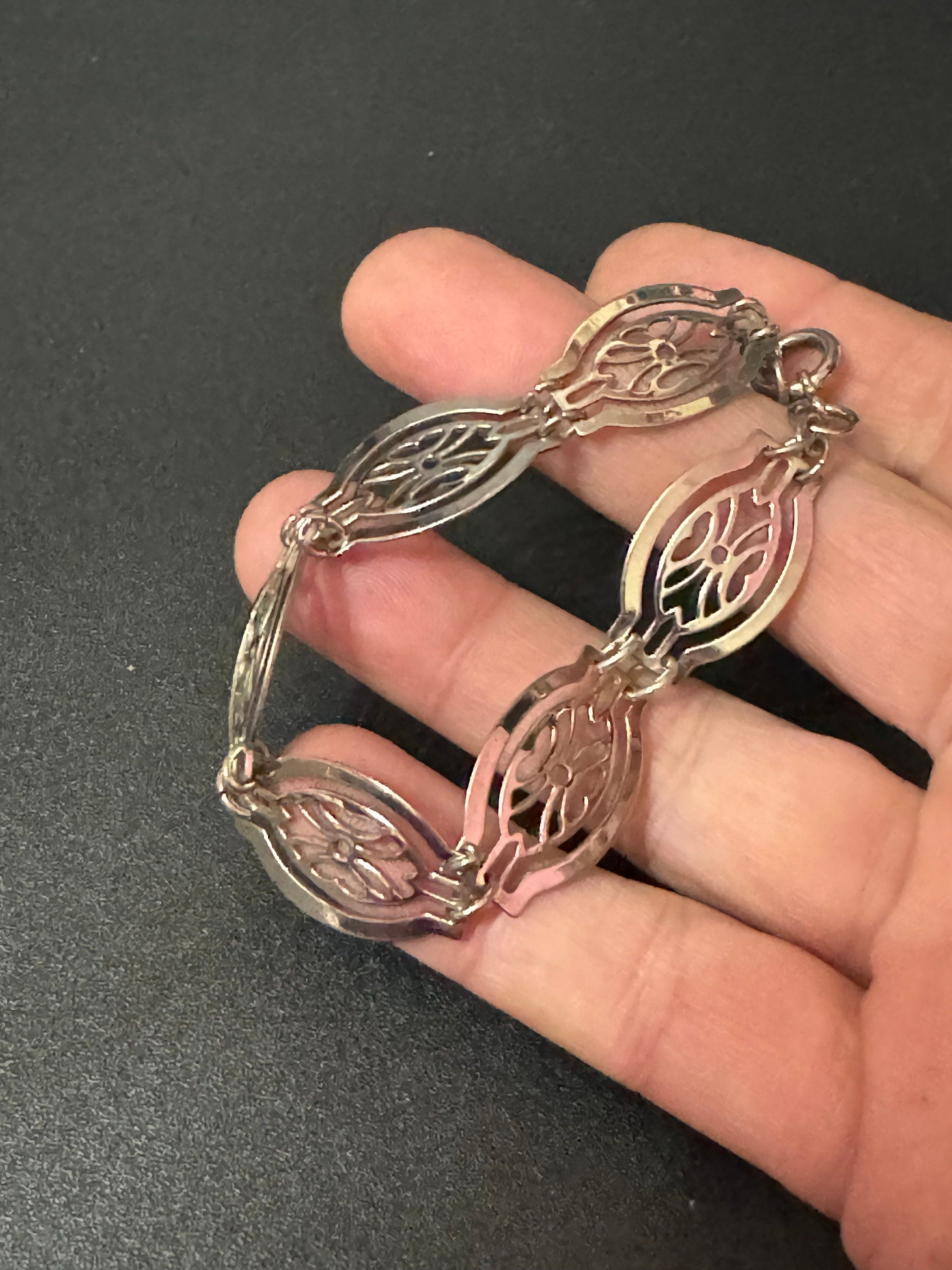 Silver tone fine Open work panel link bracelet 18cm