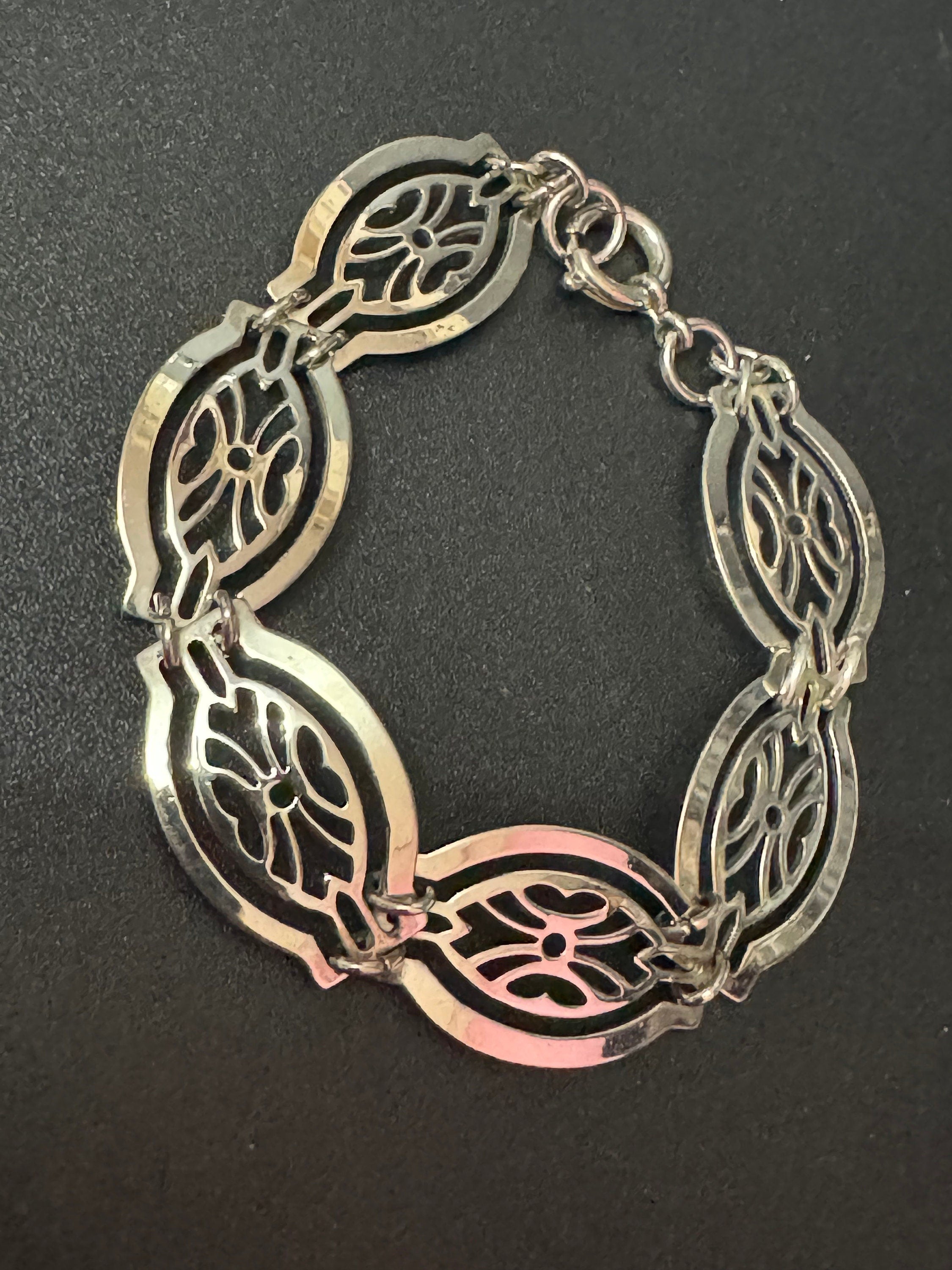 Silver tone fine Open work panel link bracelet 18cm