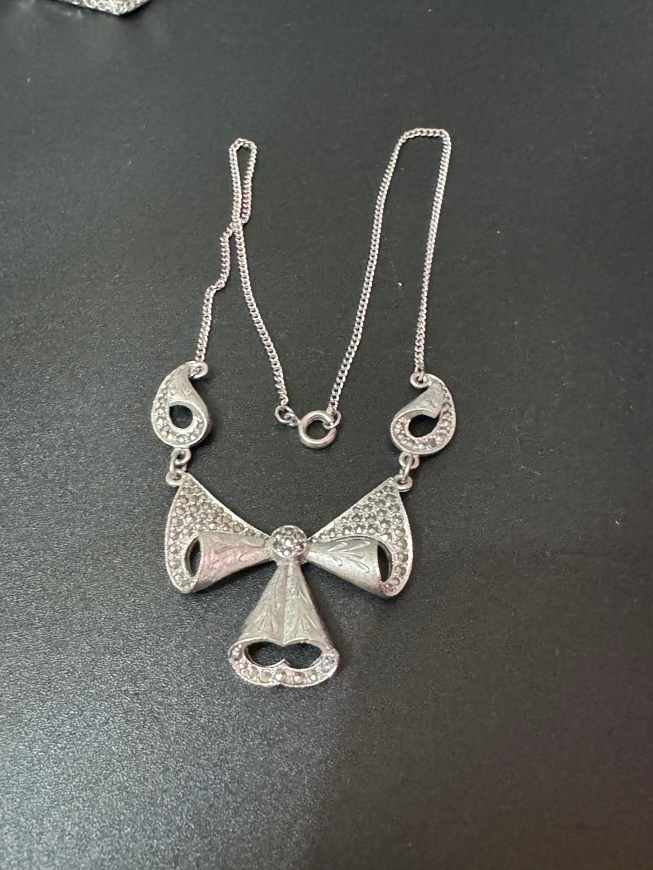 Signed Sphinx vintage Silver Tone Marcasite Floral drop Necklace
