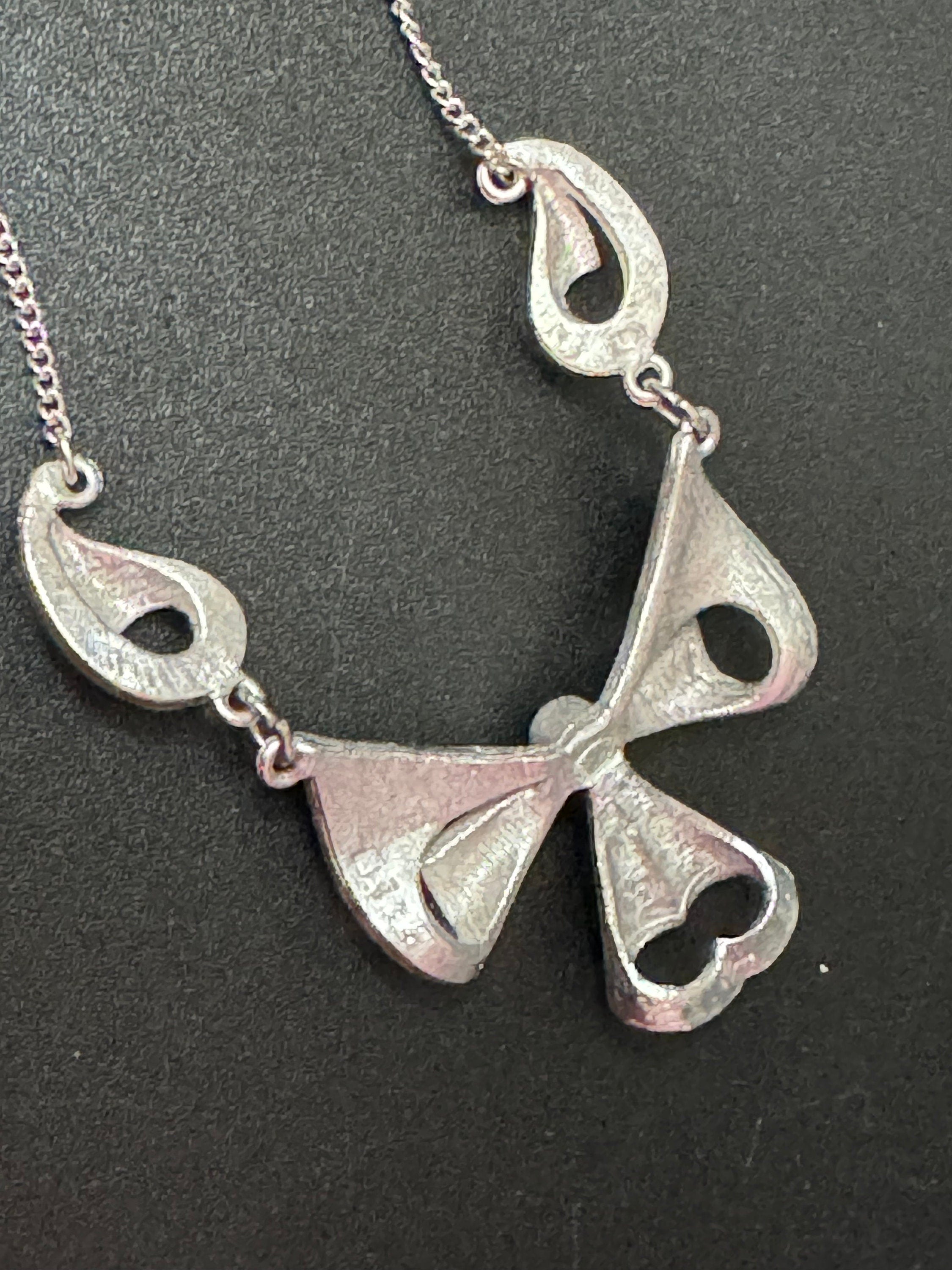 Signed Sphinx vintage Silver Tone Marcasite Floral drop Necklace