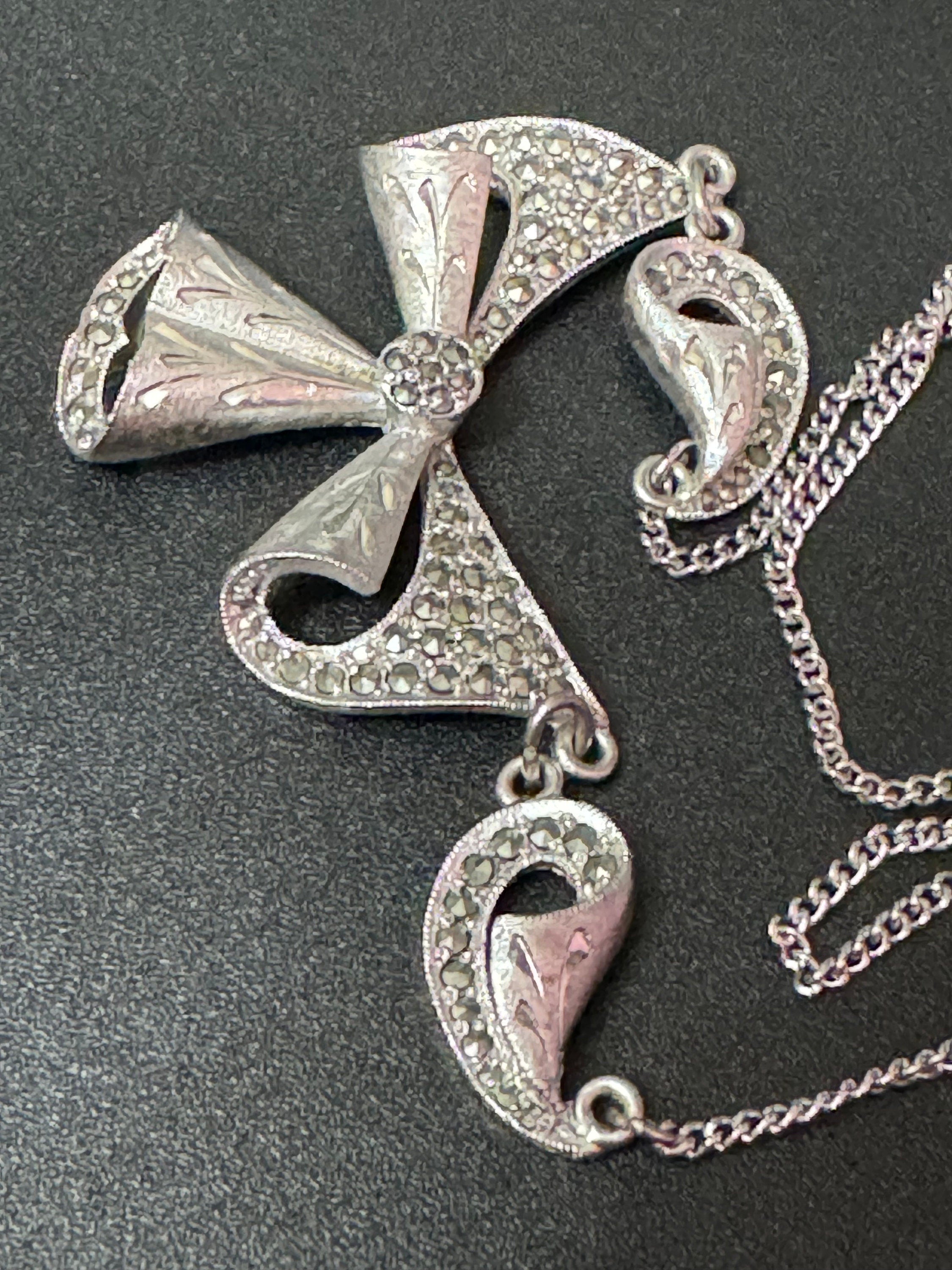 Signed Sphinx vintage Silver Tone Marcasite Floral drop Necklace