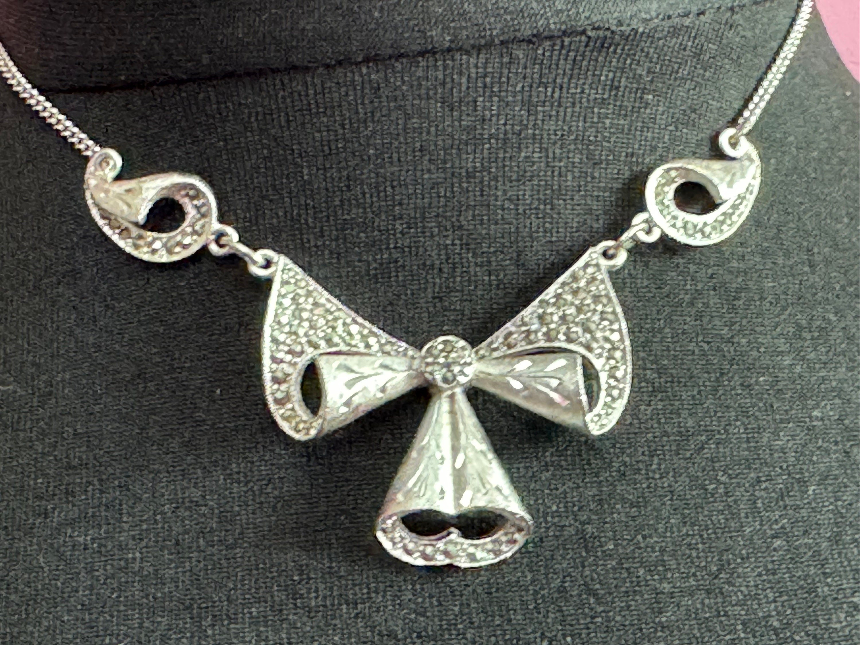 Signed Sphinx vintage Silver Tone Marcasite Floral drop Necklace