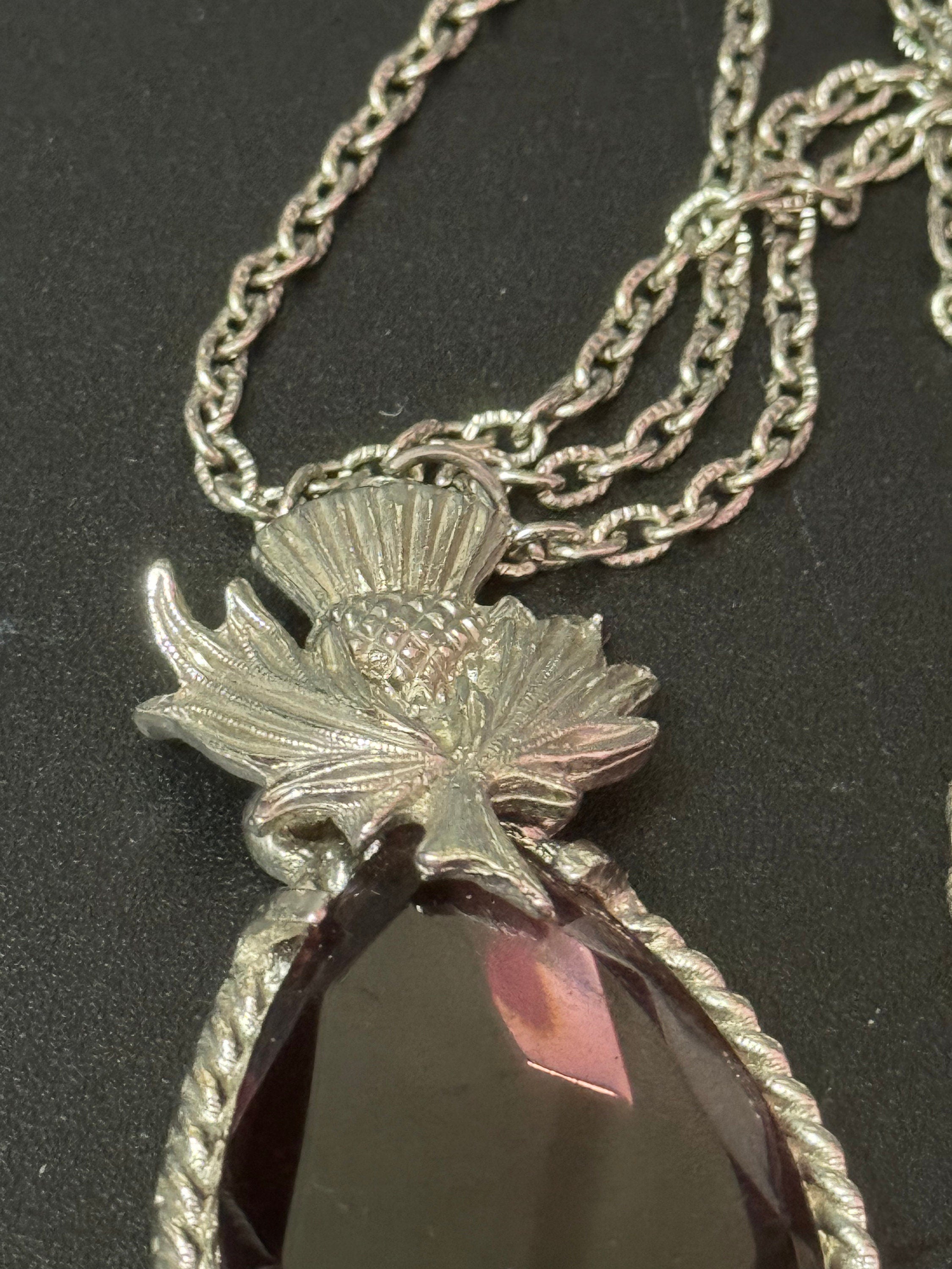 Vintage Scottish thistle large silver tone teardrop purple amethyst glass 1970s pendant necklace