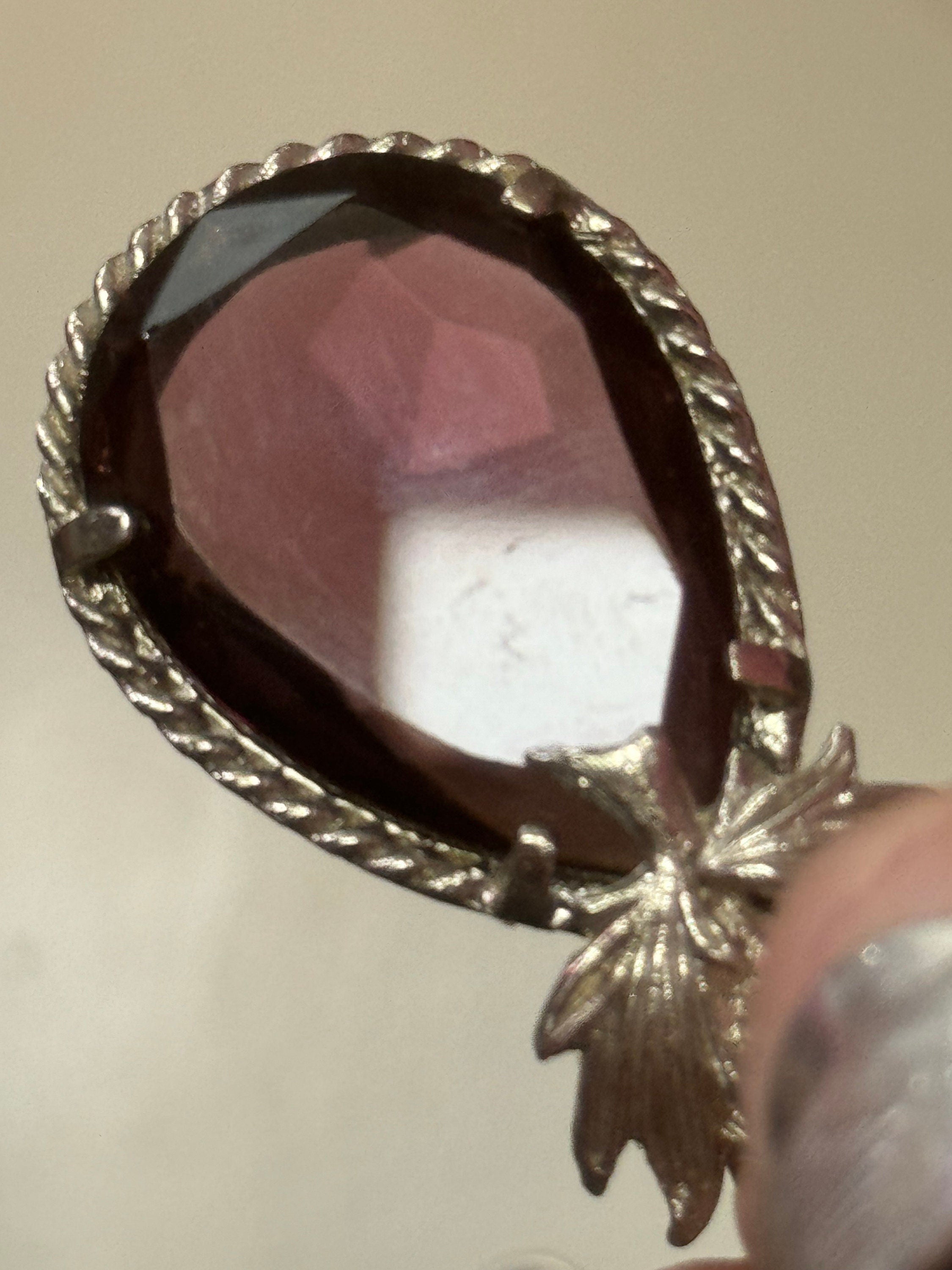 Vintage Scottish thistle large silver tone teardrop purple amethyst glass 1970s pendant necklace