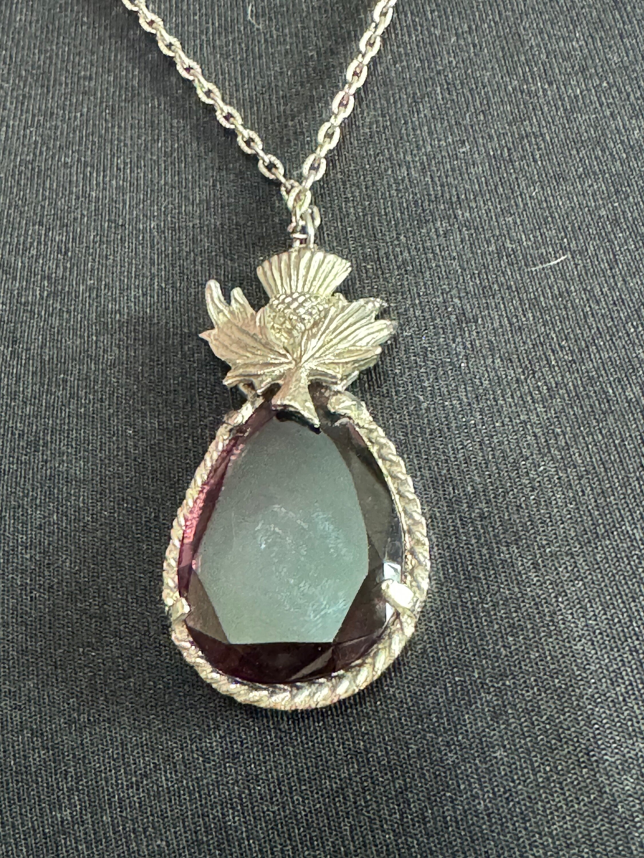 Vintage Scottish thistle large silver tone teardrop purple amethyst glass 1970s pendant necklace