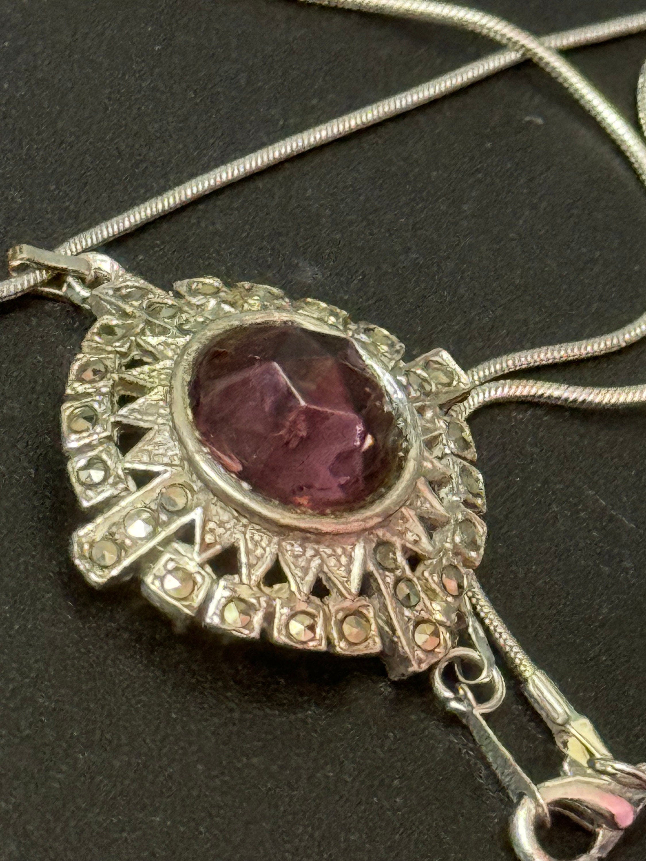 Vintage marcasite silver tone round purple amethyst glass 1970s pendant necklace