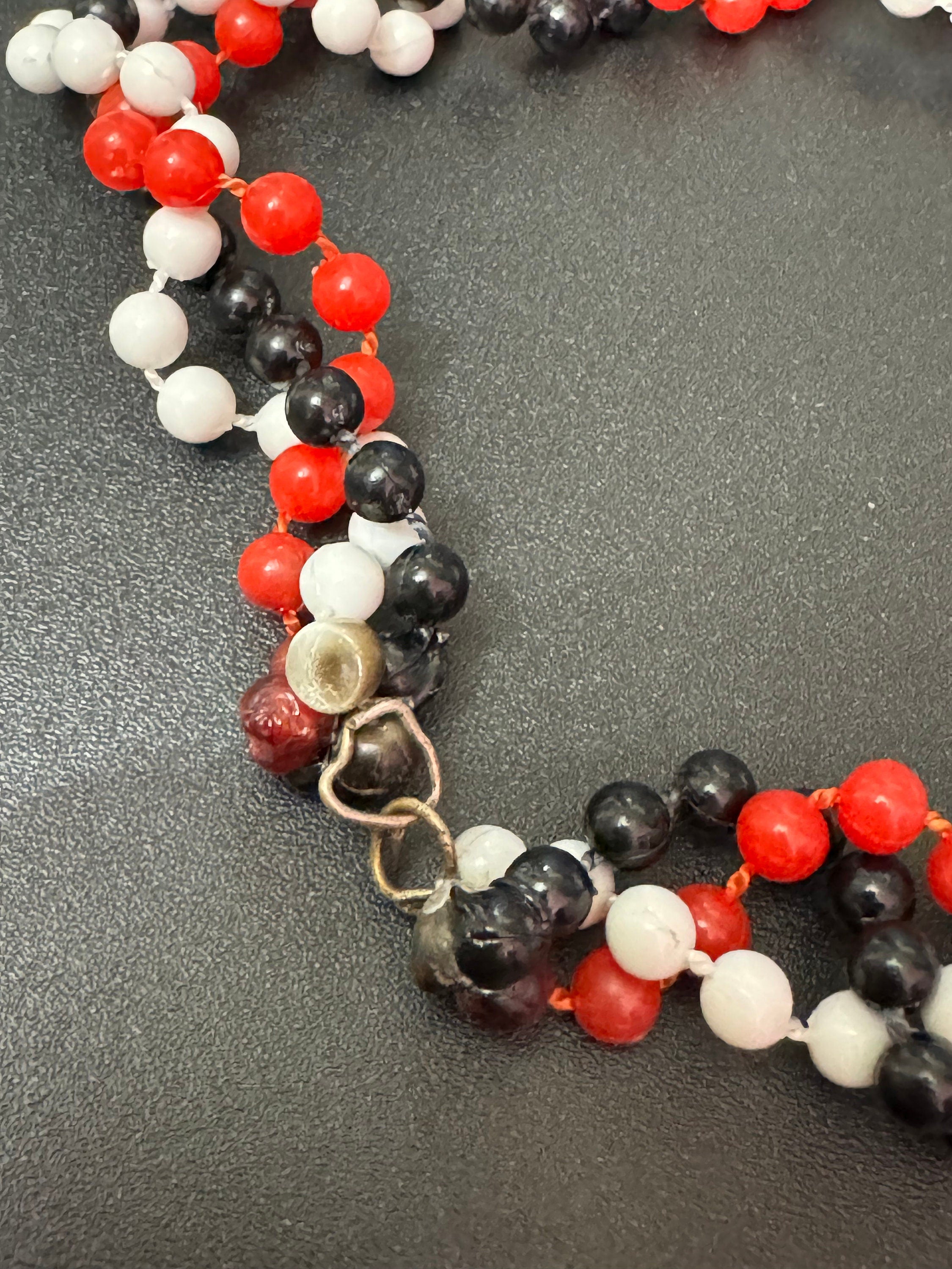 Retro black red and white long length plastic beaded Multistrand necklace