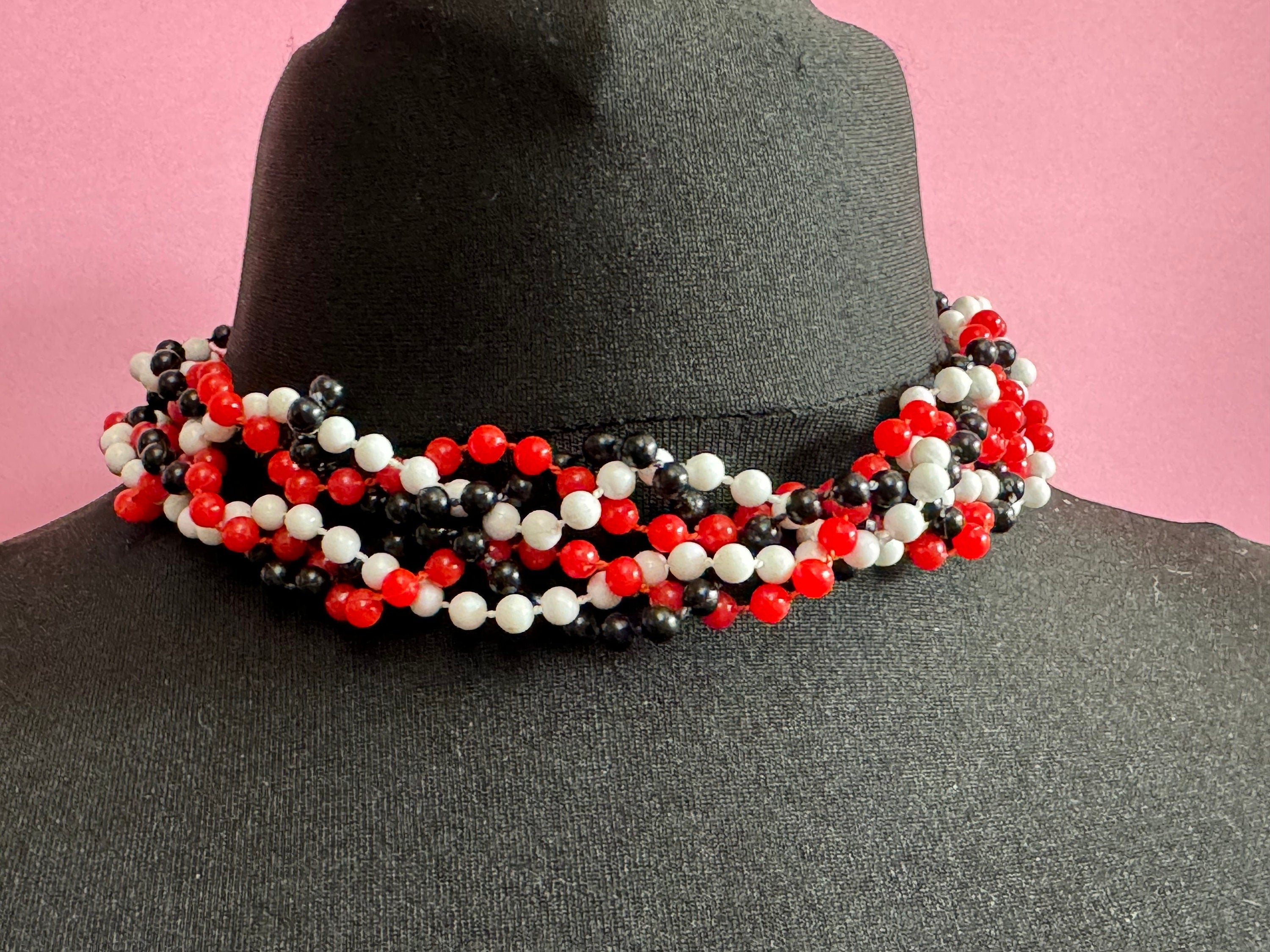 Retro black red and white long length plastic beaded Multistrand necklace